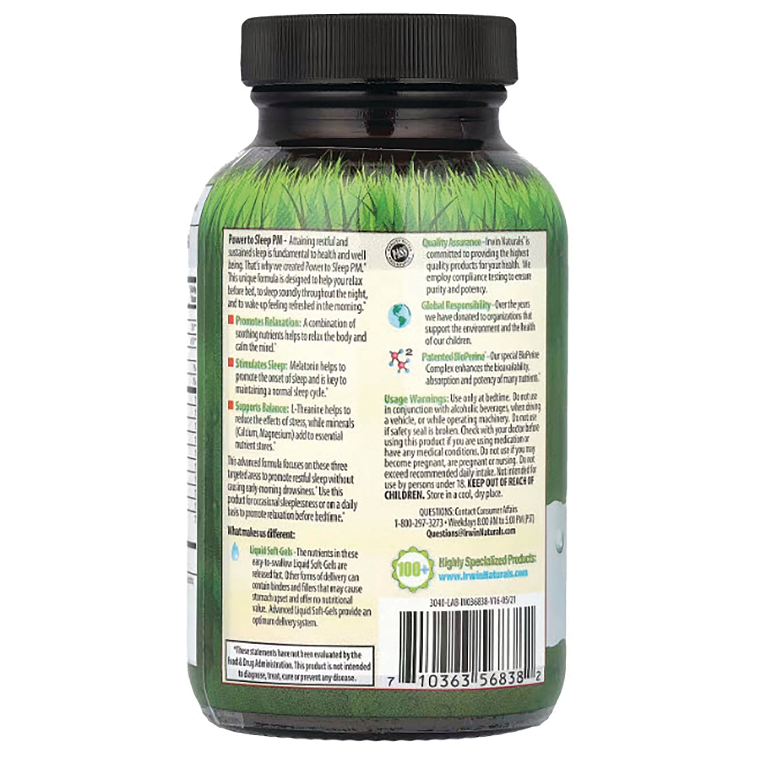 IR079 | Back of green supplement bottle showing ingredients, usage warnings and barcode