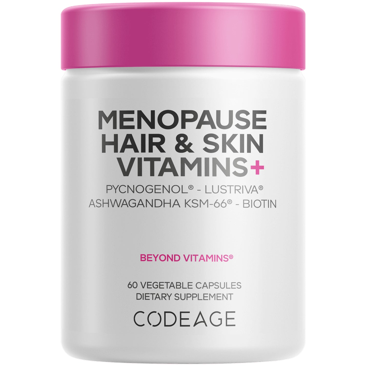 CDG060 | White supplement bottle with pink lid labeled MENOPAUSE HAIR & SKIN VITAMINS+ and CODEAGE branding