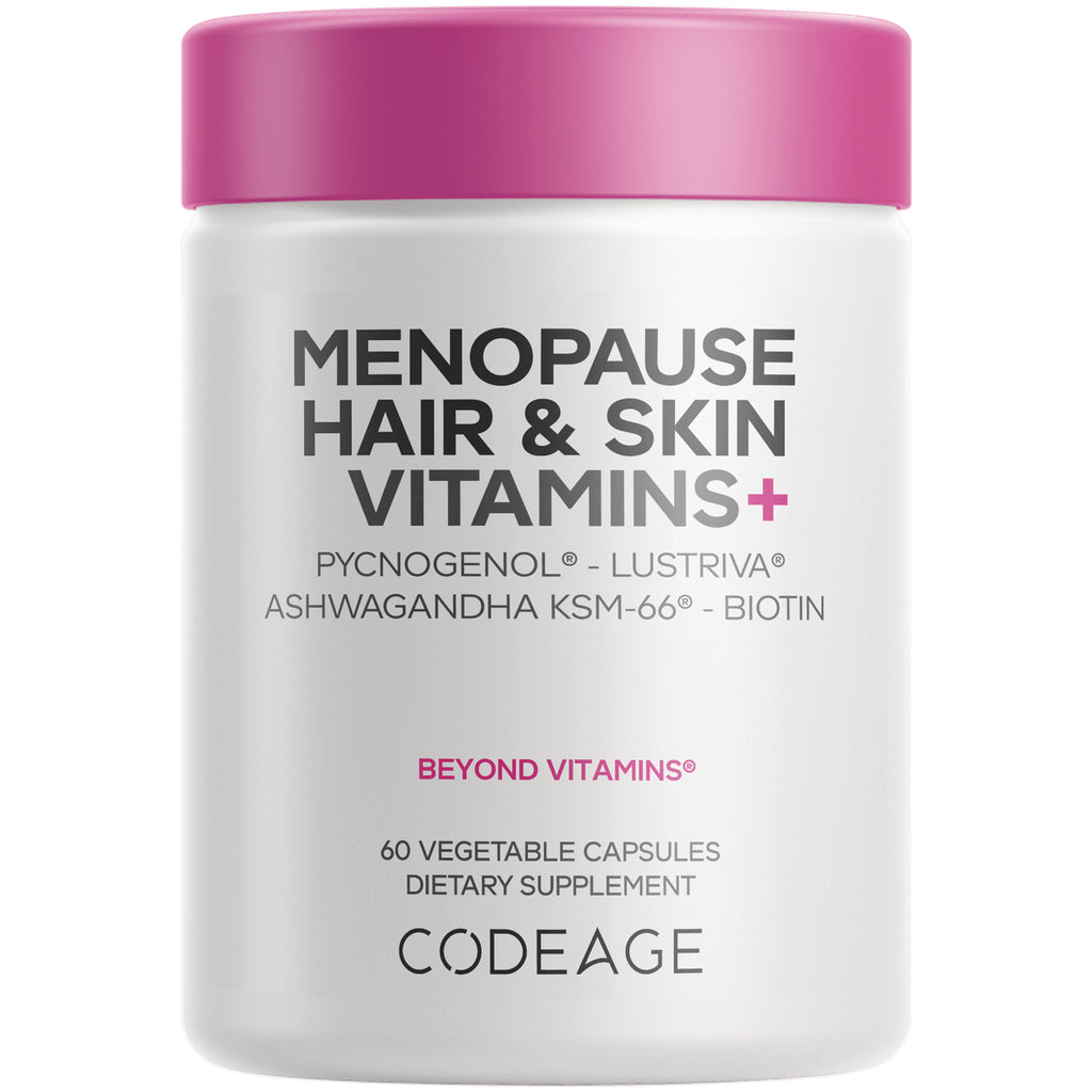 CDG060 | White supplement bottle with pink lid labeled MENOPAUSE HAIR & SKIN VITAMINS+ and CODEAGE branding - Thumbnail