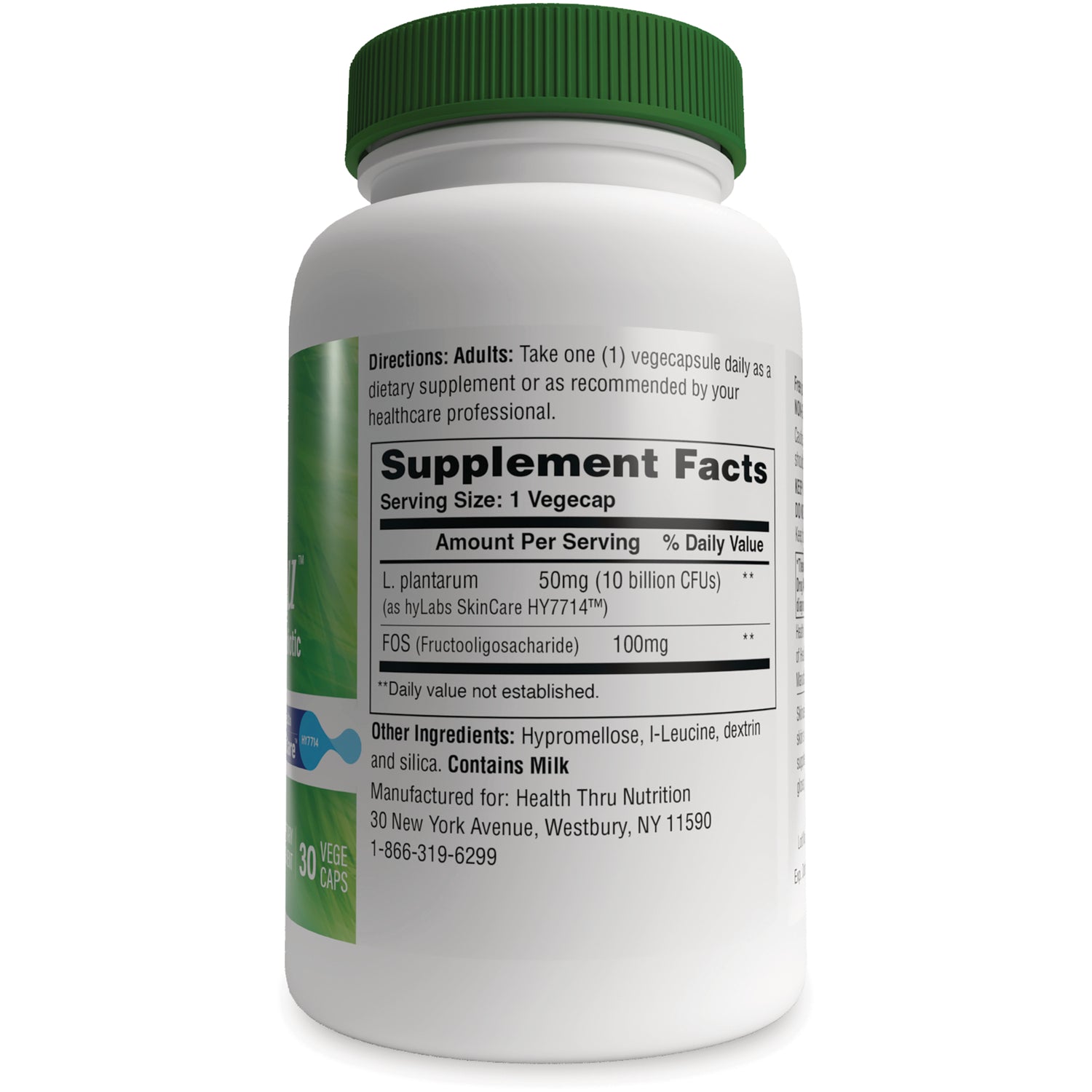 HTN012 | Back label showing Supplement Facts panel listing serving size 1 Vegecap, ingredient amounts, and Contains Milk