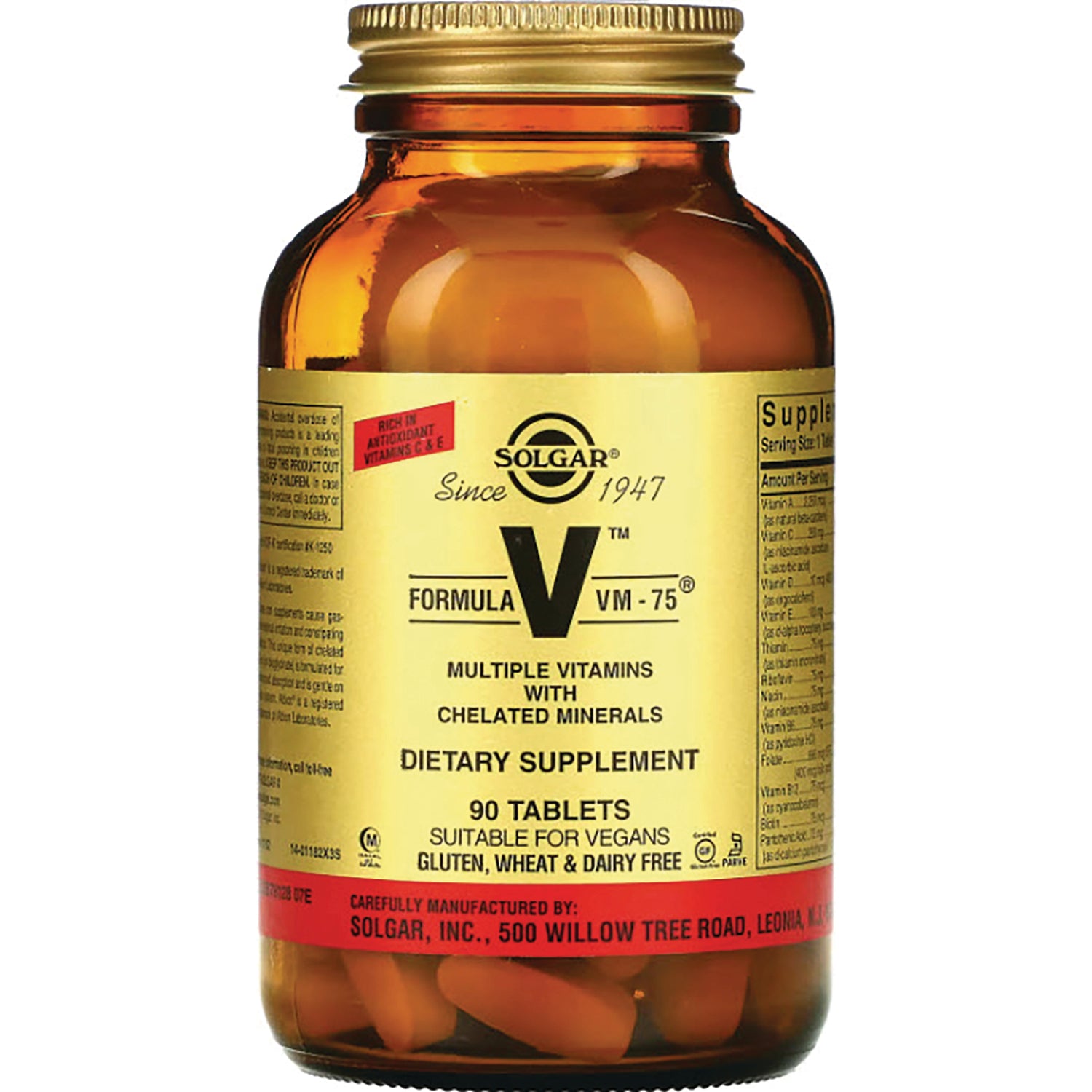 SLG223 | Amber glass bottle of Solgar Formula VM-75 multiple vitamins with yellow label and gold cap, 90 tablets