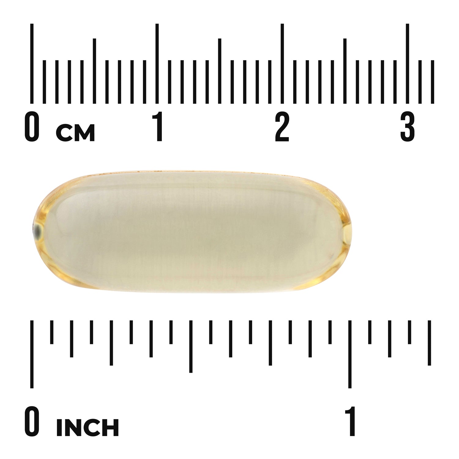 SWE011 | Clear softgel capsule shown against rulers with 03 cm and 01 inch markings to show size