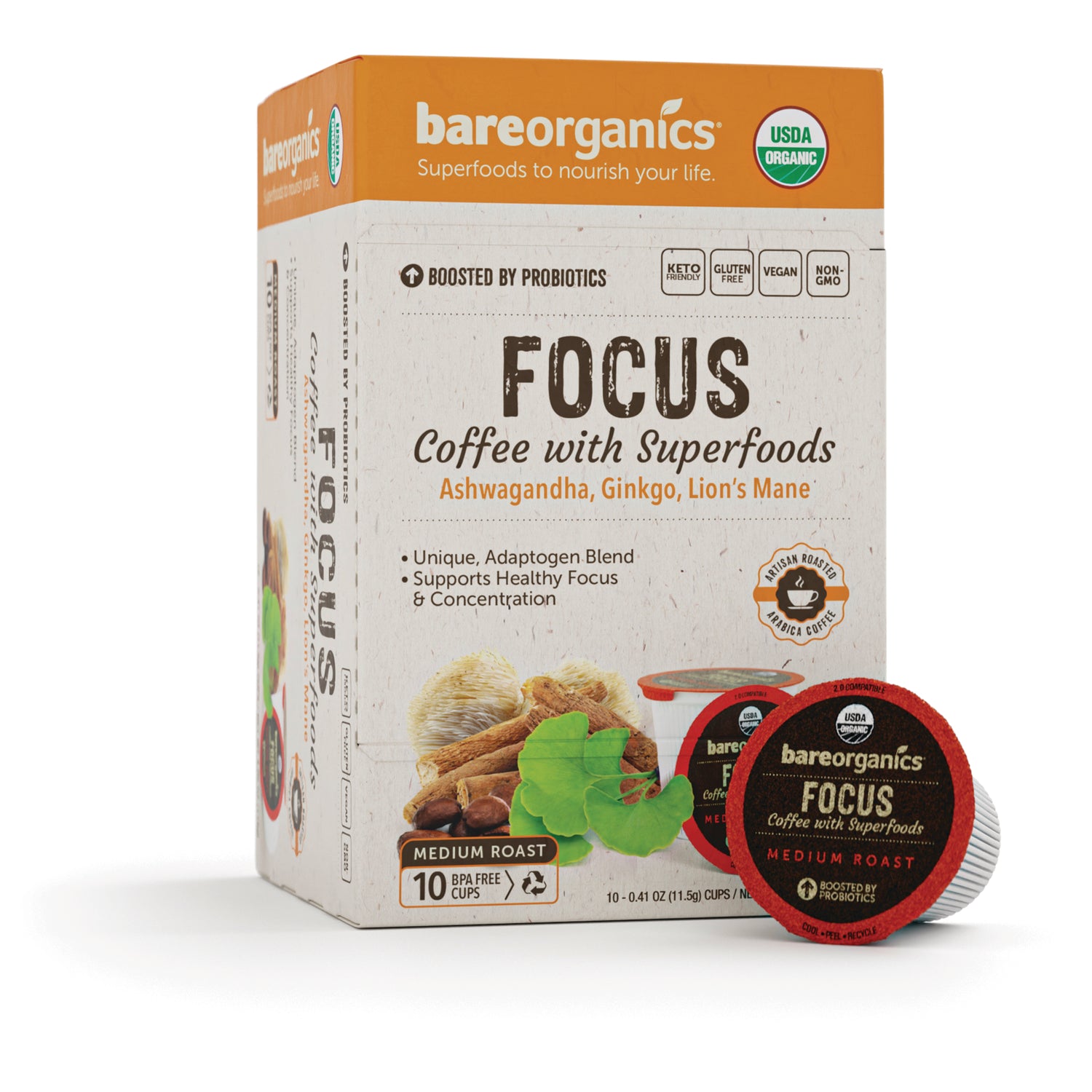 BOR016 | bareorganics FOCUS coffee with superfoods medium roast box and two pods visible