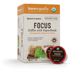 BOR016 | bareorganics FOCUS coffee with superfoods medium roast box and two pods visible