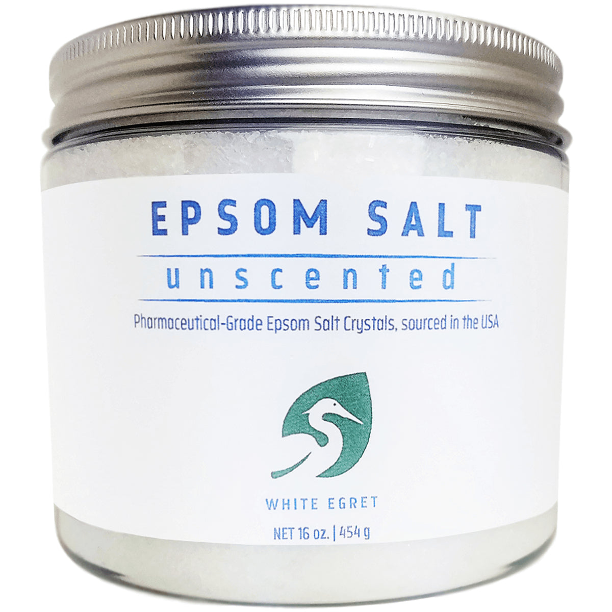 WEG025 | White Egret Epsom Salt unscented, pharmaceutical-grade, 16 oz jar