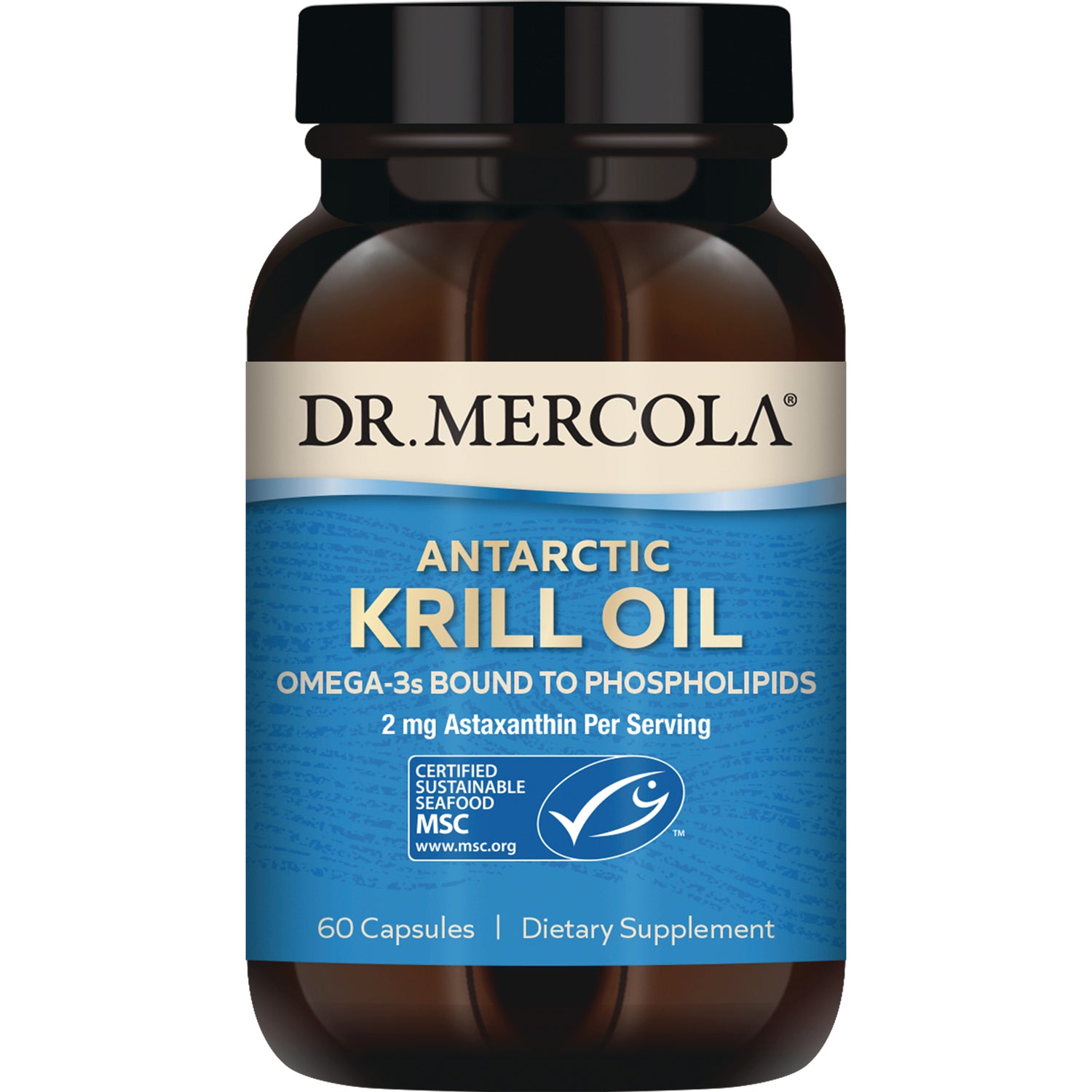 MRC039 | Dr. Mercola Antarctic Krill Oil bottle front label, 60 capsules dietary supplement