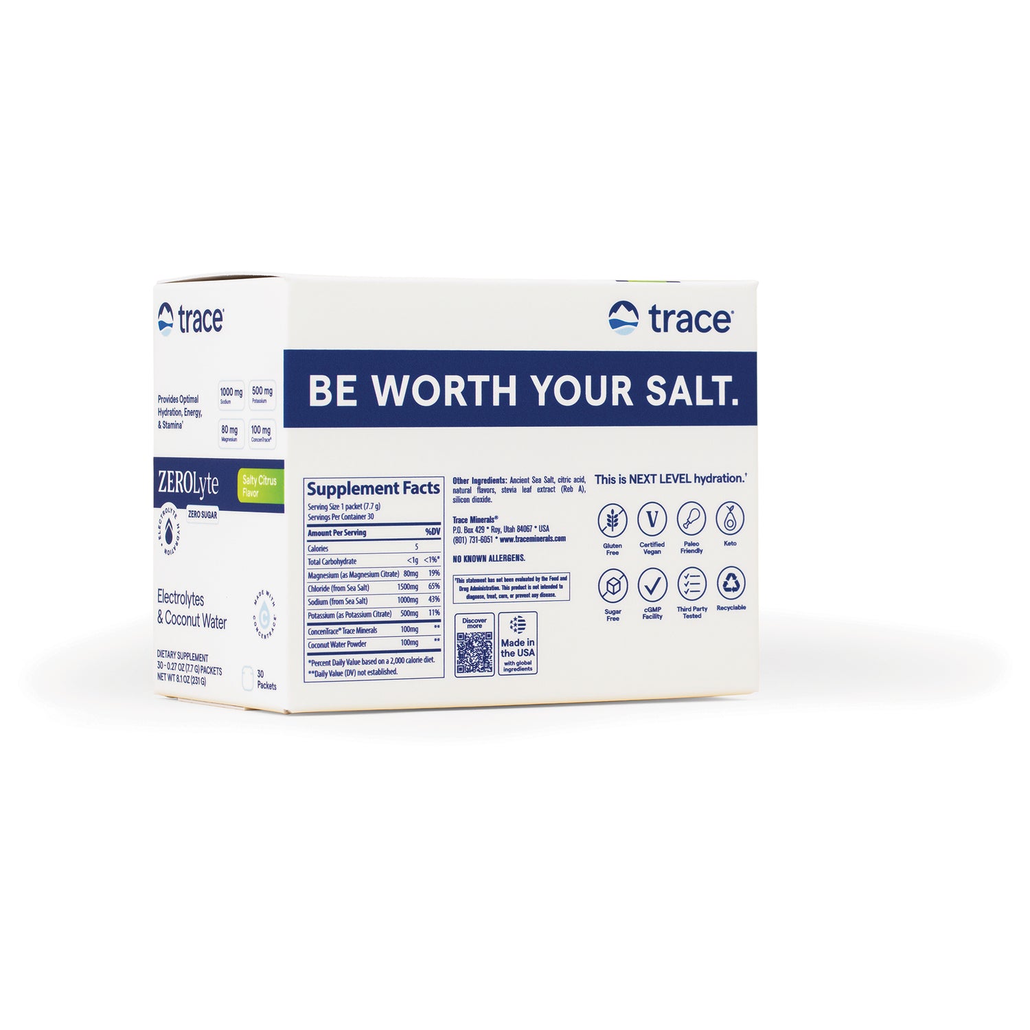 TM150 | Back of Trace ZEROLyte box with Supplement Facts and slogan 'BE WORTH YOUR SALT'