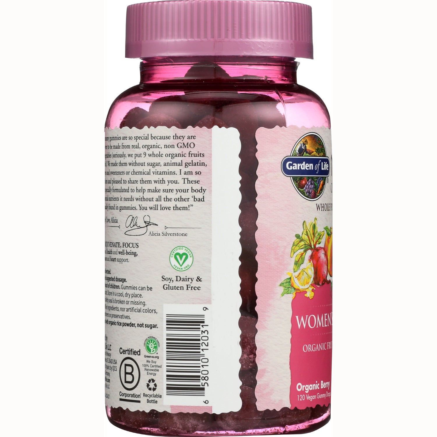 GLF238 | Product infographic back label on pink gummy bottle showing barcode, certification icons, and ingredient text