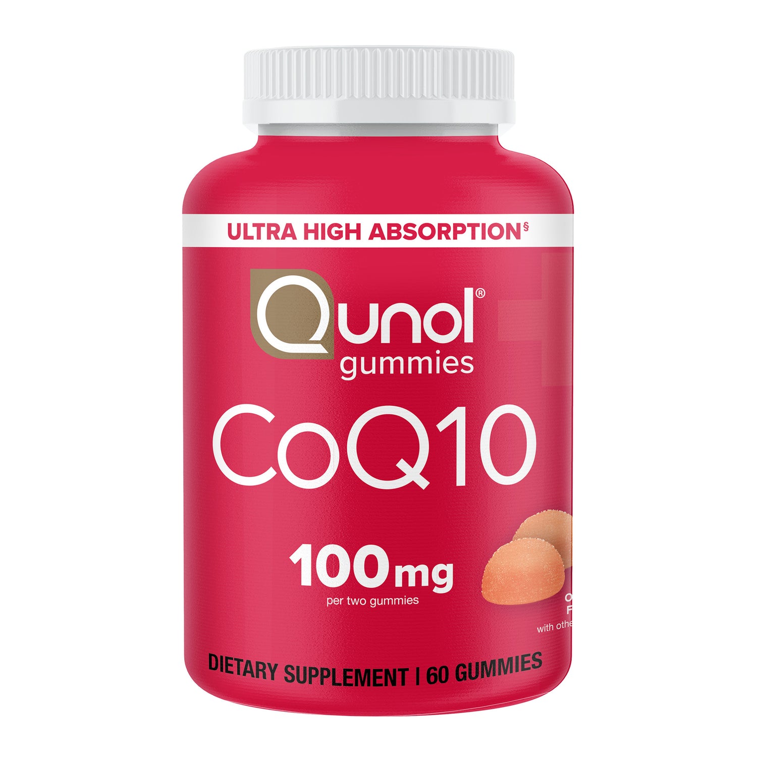 QNL013 | Red Qunol CoQ10 gummies bottle 100mg, creamy orange flavor dietary supplement 60 count