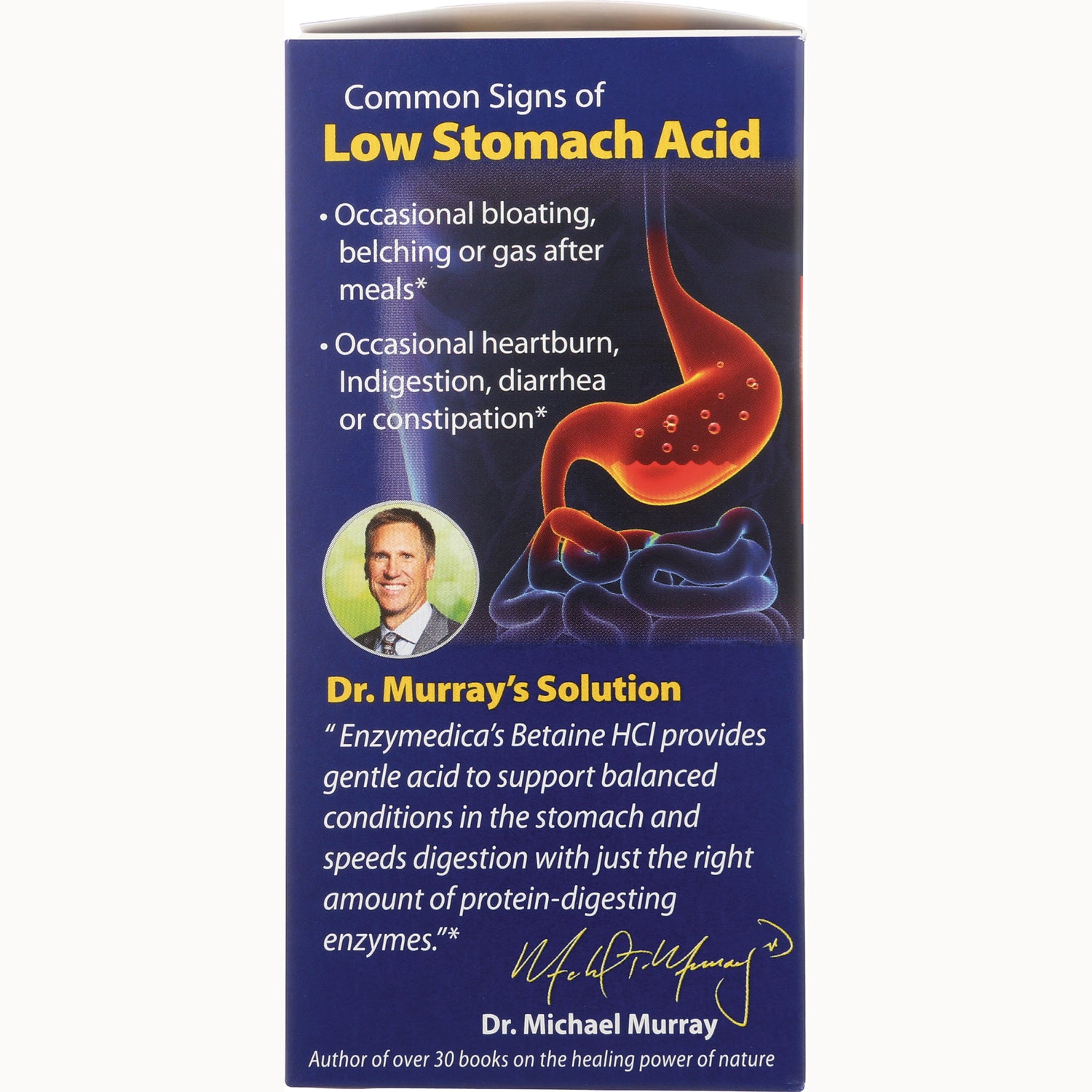 EMD070 | Back panel listing common signs of low stomach acid, stomach diagram, Dr. Murray quote and portrait