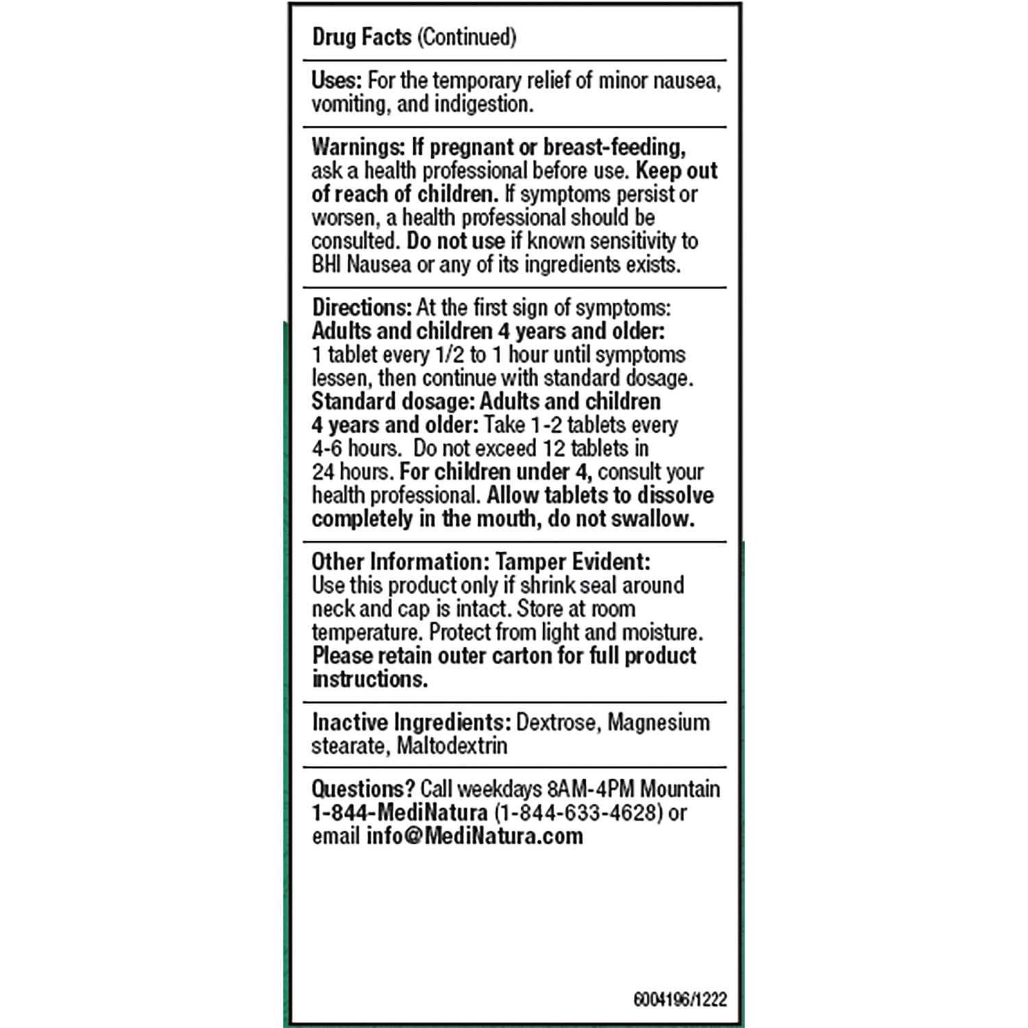 MNA038 | Back of BHI Nausea Relief Tablets box showing drug facts, directions and inactive ingredients