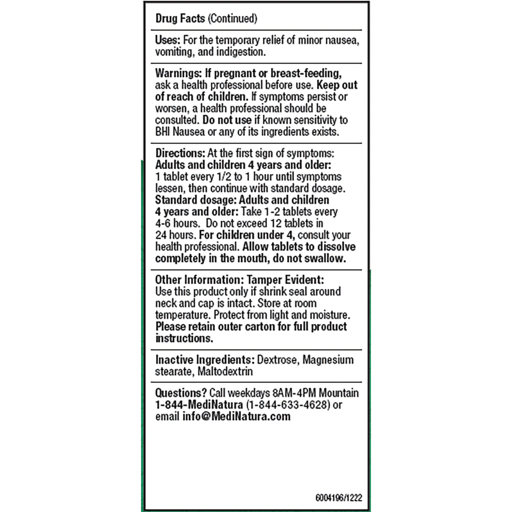 MNA038 | Back of BHI Nausea Relief Tablets box showing drug facts, directions and inactive ingredients - Thumbnail