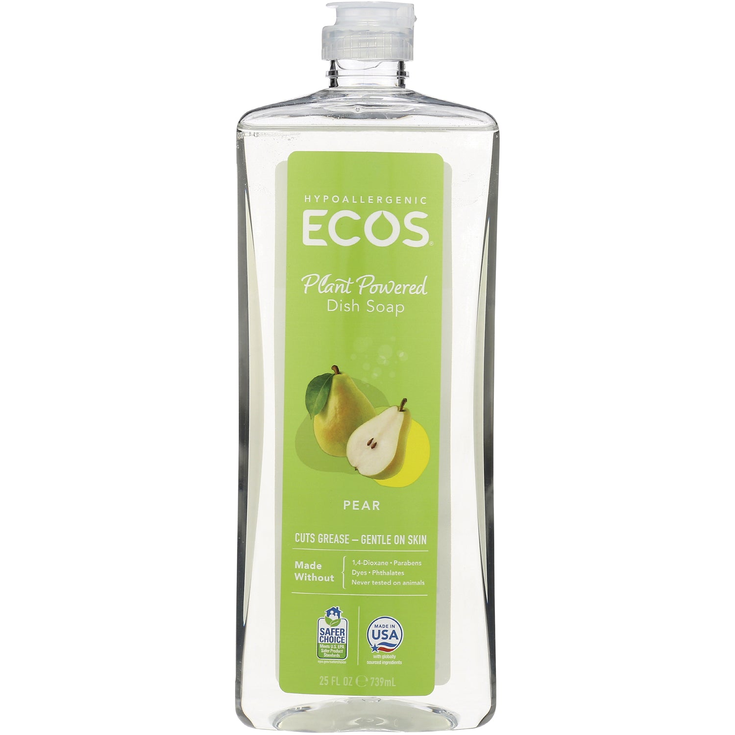 ERF008 | ECOS Plant Powered Dish Soap pear scent in clear pump bottle with pear illustration