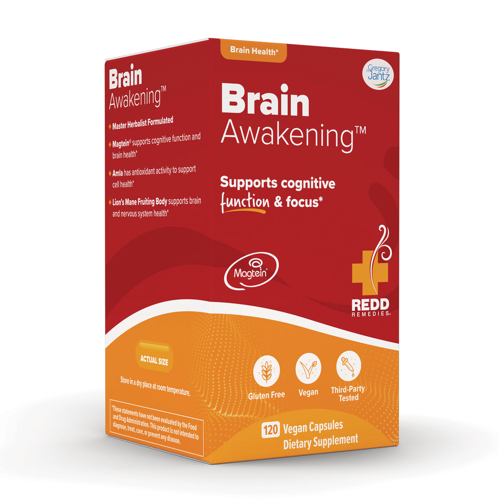 RED018 | Brain Awakening front box, red and orange packaging for 120 vegan capsules dietary supplement - Thumbnail