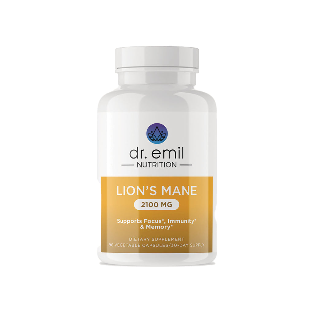 DRE003 | White supplement bottle labeled dr. emil NUTRITION Lion's Mane 2100 MG, 90 vegetable capsules - Thumbnail