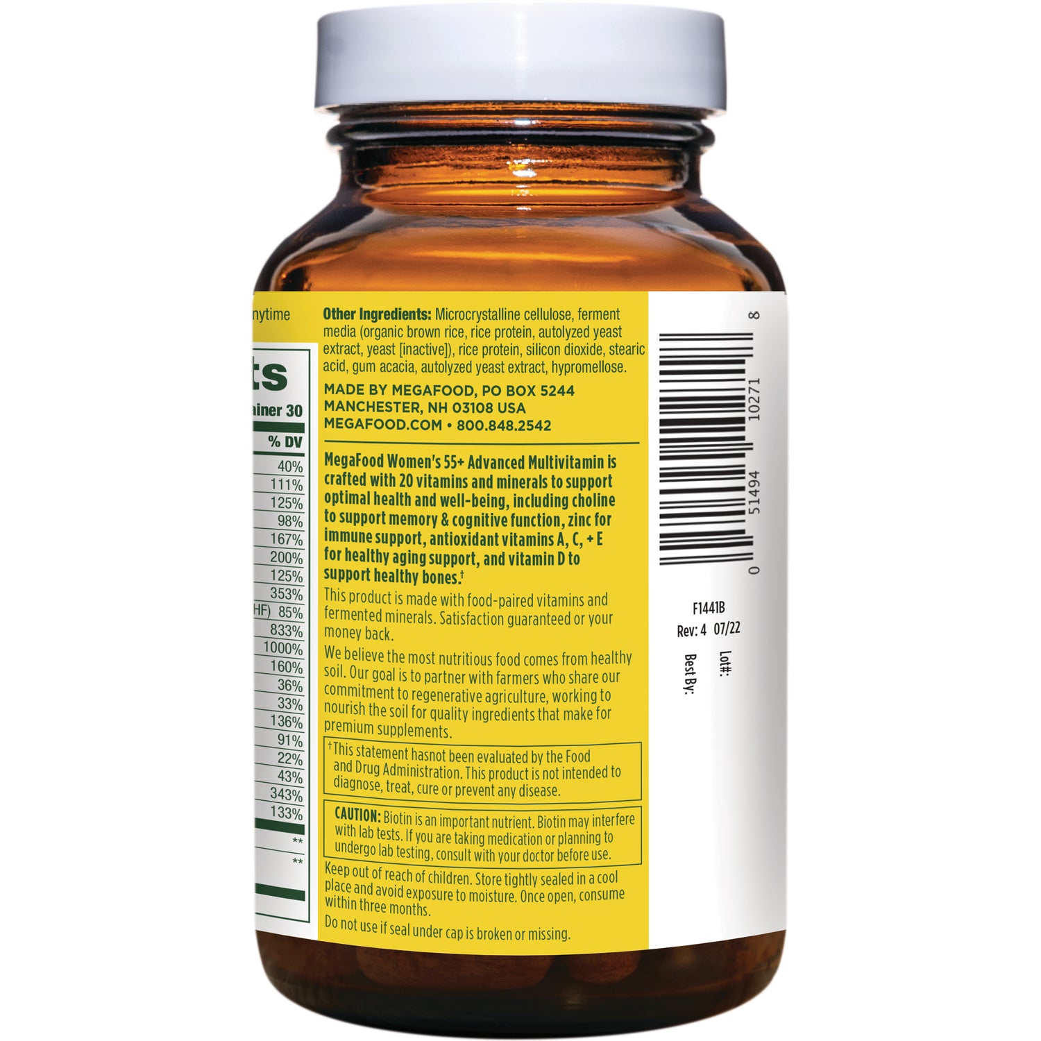 MGF026 | Back of amber supplement bottle with yellow label showing ingredients, product description, barcode and caution text