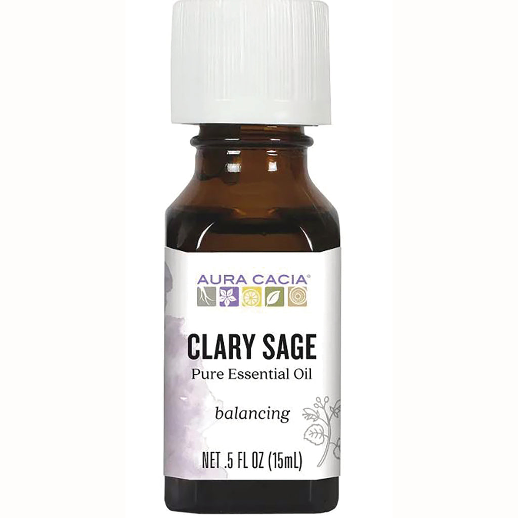 ARC031 | Aura Cacia Clary Sage pure essential oil bottle, .5 fl oz (15 mL) label reads \ - Thumbnail
