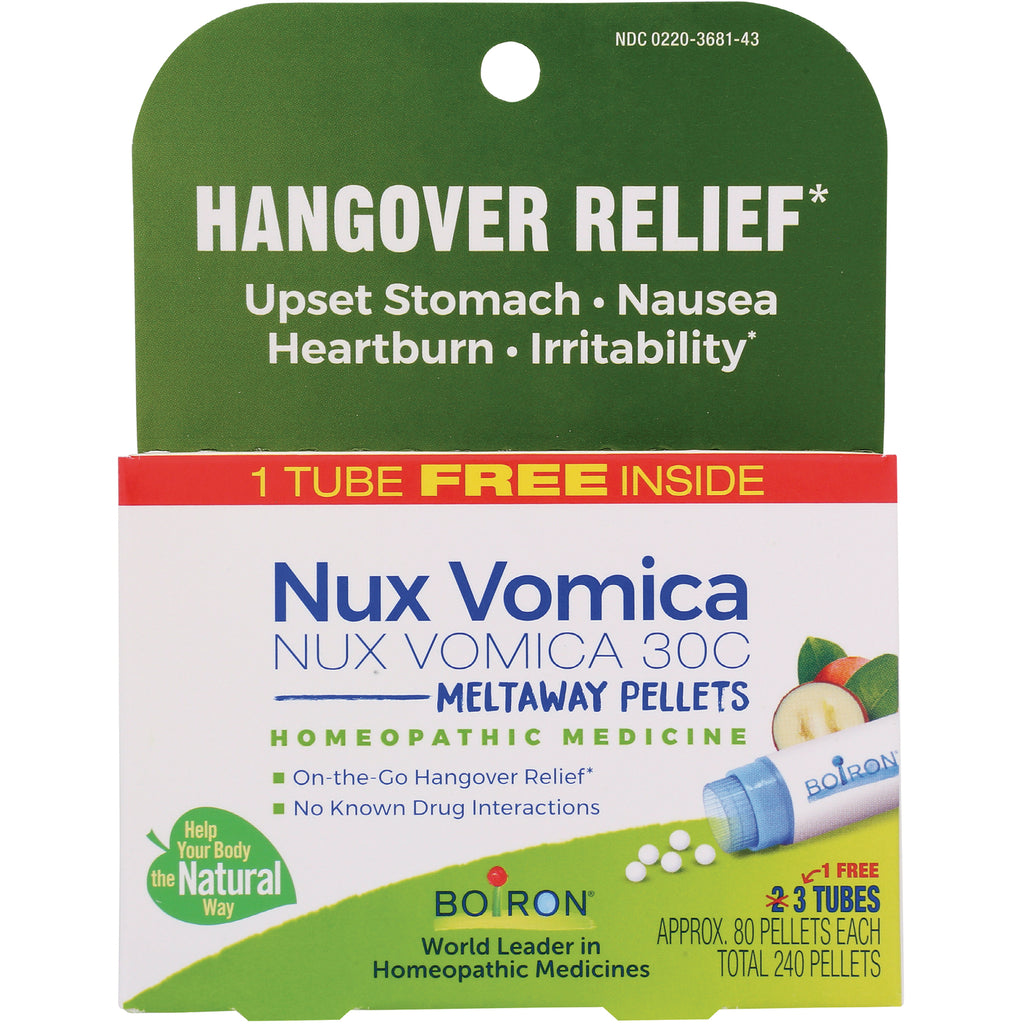 BRN089 | Box of Nux Vomica 30C meltaway homeopathic pellets labeled Hangover Relief showing tube and pellets - Thumbnail