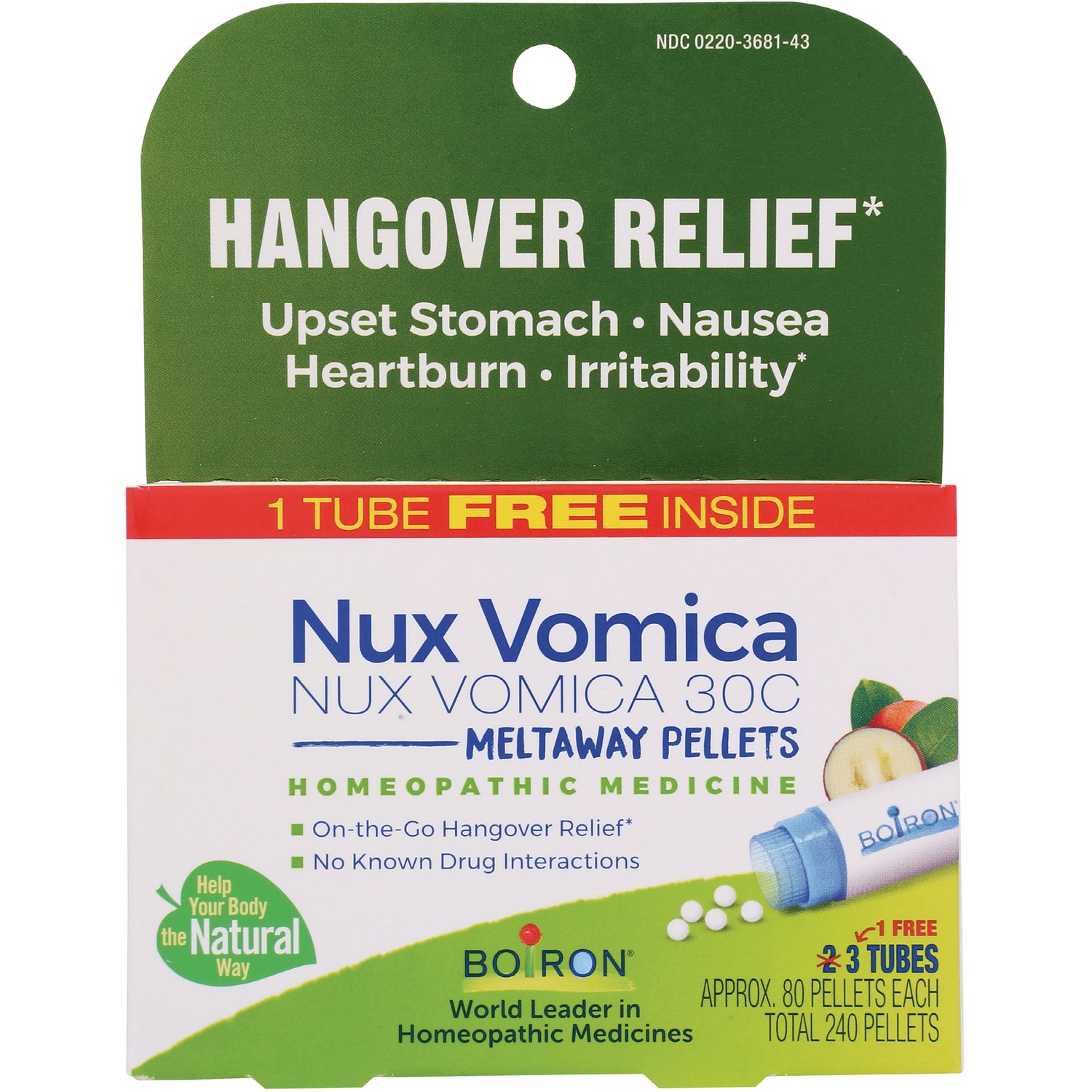 BRN089 | Box of Nux Vomica 30C meltaway homeopathic pellets labeled Hangover Relief showing tube and pellets