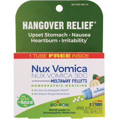 BRN089 | Box of Nux Vomica 30C meltaway homeopathic pellets labeled Hangover Relief showing tube and pellets