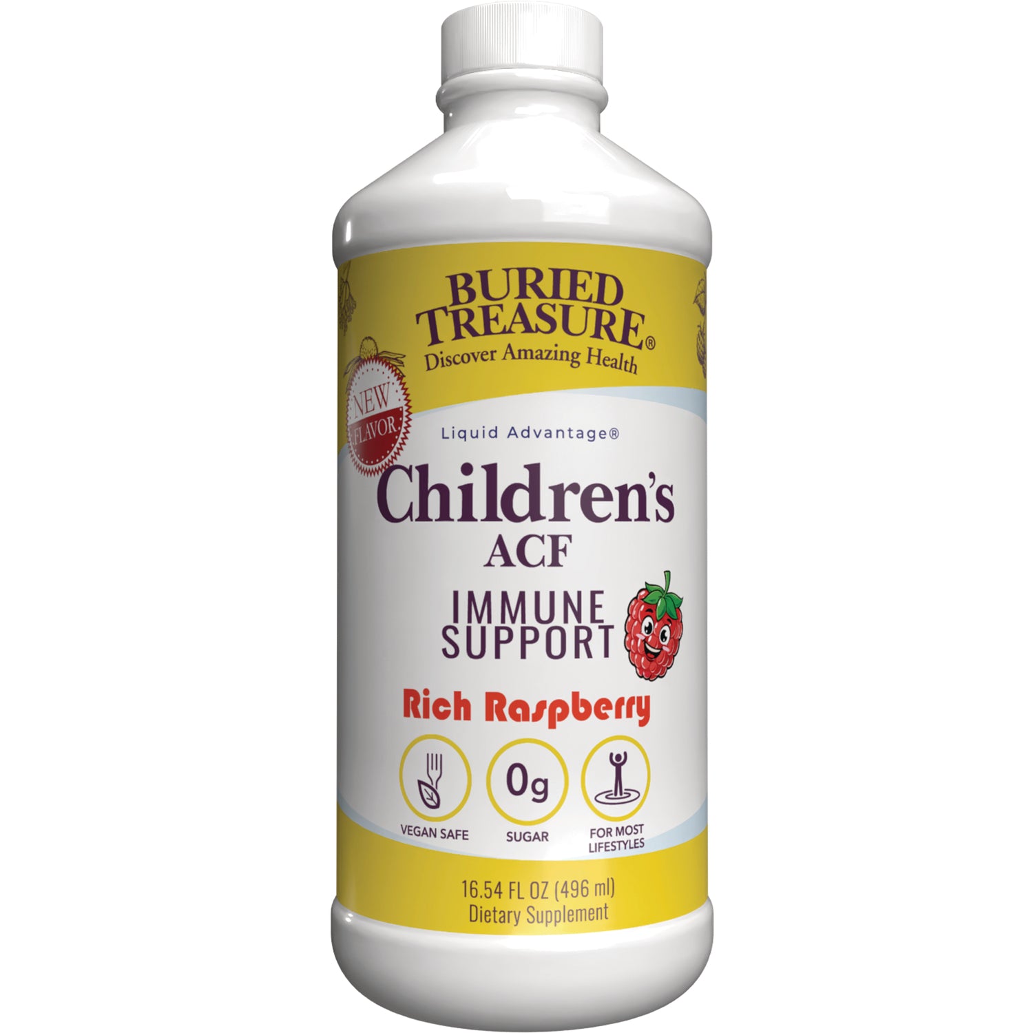 BTR016 | Buried Treasure Children's ACF Immune Support liquid supplement Rich Raspberry 16.54 fl oz front label