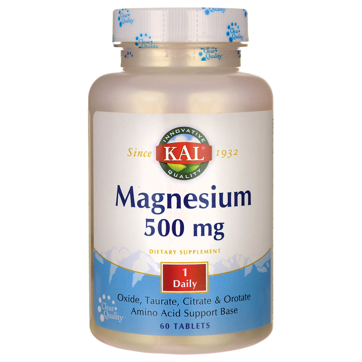 KL501 | KAL Magnesium 500 mg dietary supplement bottle front label, 60 tablets, 1 Daily