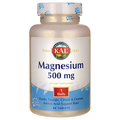 KL501 | KAL Magnesium 500 mg dietary supplement bottle front label, 60 tablets, 1 Daily