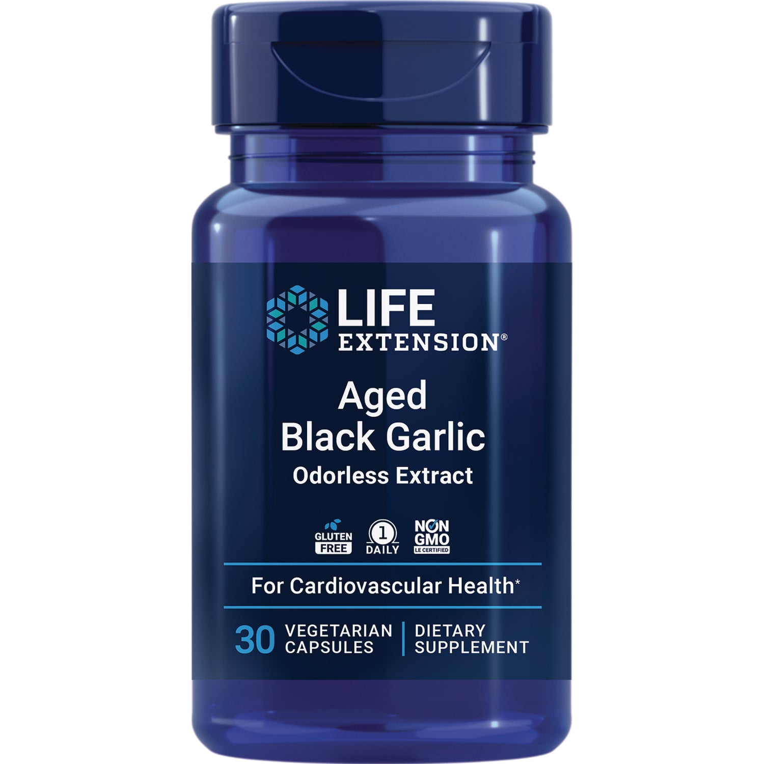 LE594 | Life Extension Aged Black Garlic odorless extract bottle, 30 vegetarian capsules