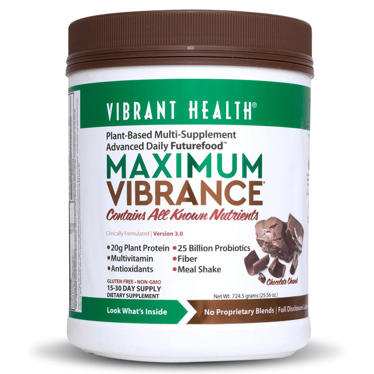 VH039 | Vibrant Health Maximum Vibrance Chocolate Chunk plant-based meal shake powder, front label