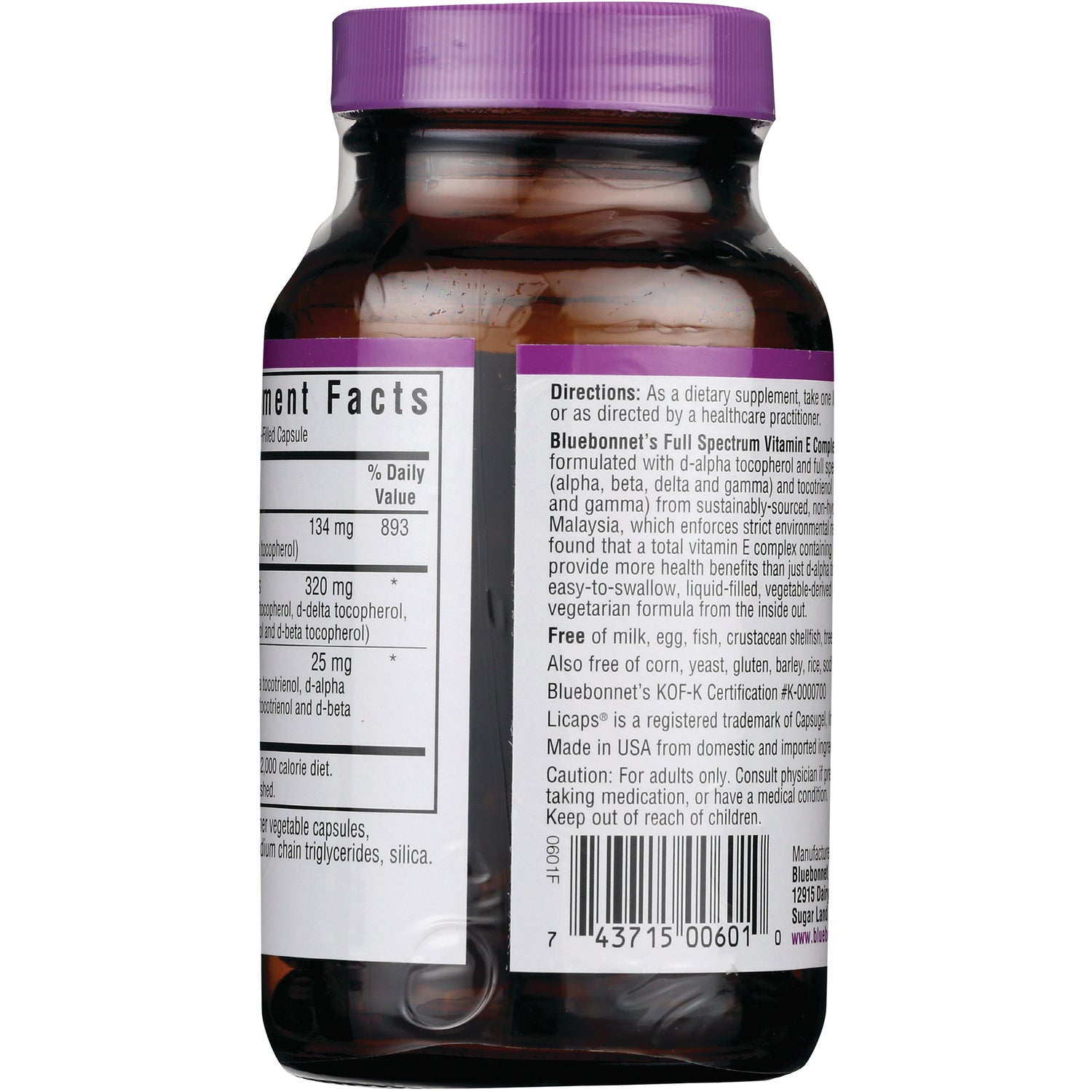 BLU130 | back of brown supplement bottle with purple cap showing Supplement Facts panel, directions text and barcode