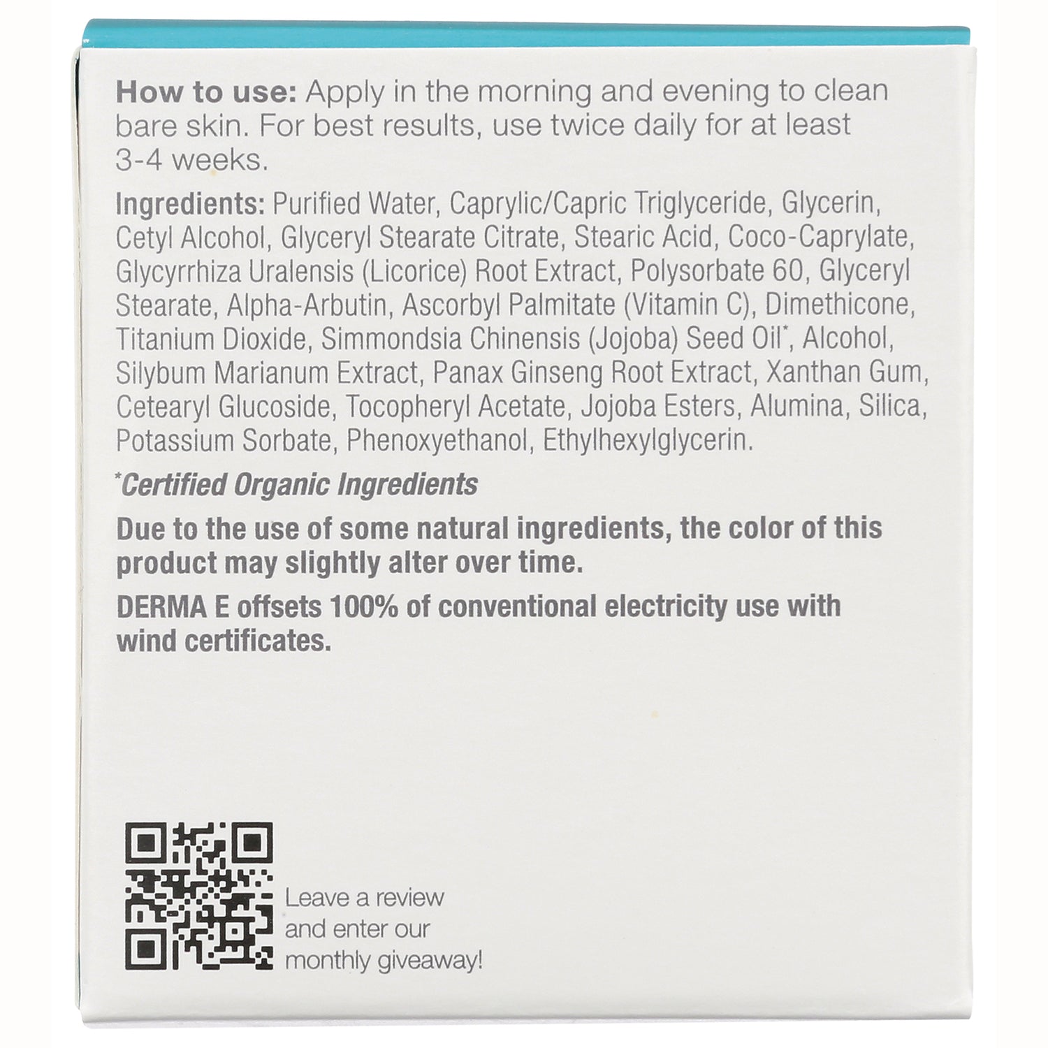 DE001 | back panel with how to use instructions and full ingredient list including Purified Water, glycerin, alpha-arbutin