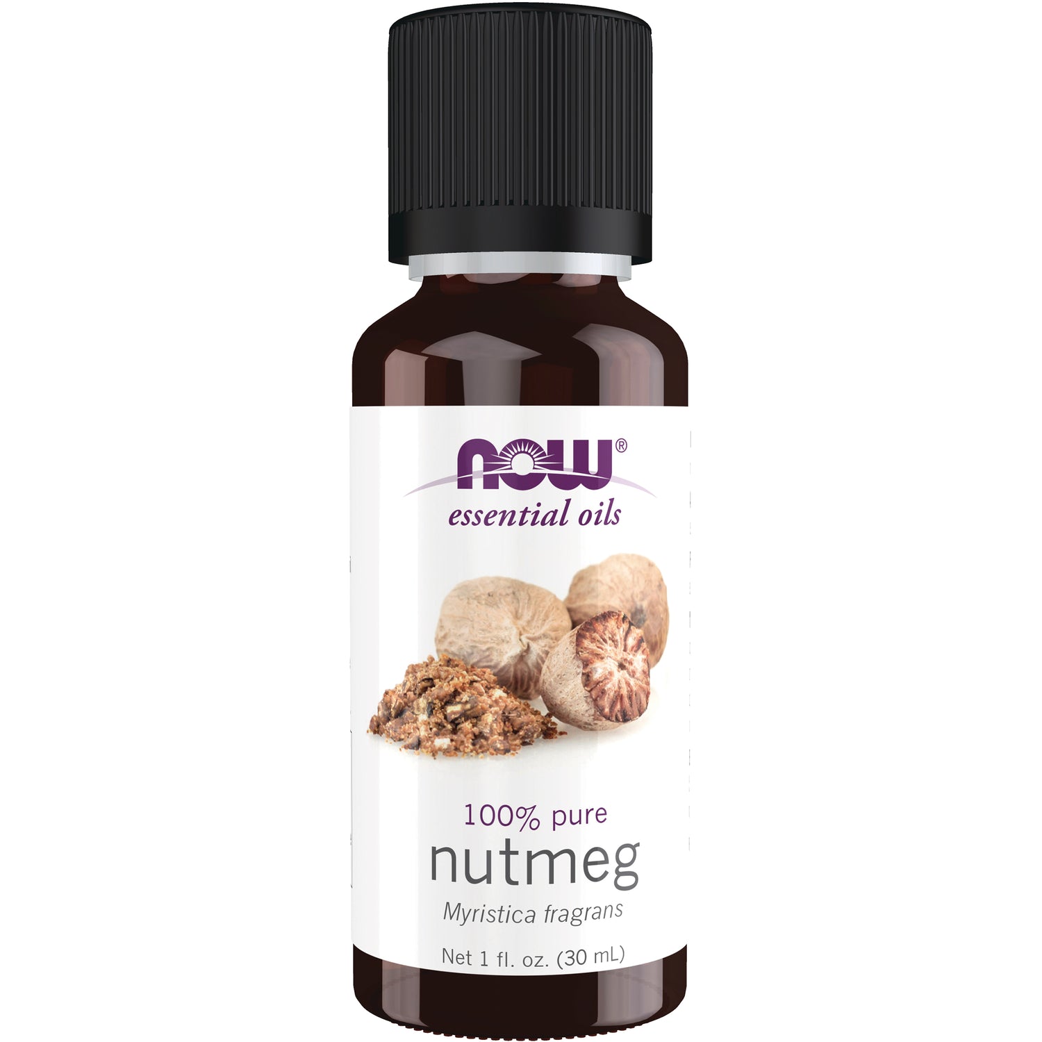 NWF623 | NOW essential oils 100% pure nutmeg Myristica fragrans 1 fl oz brown bottle with black cap