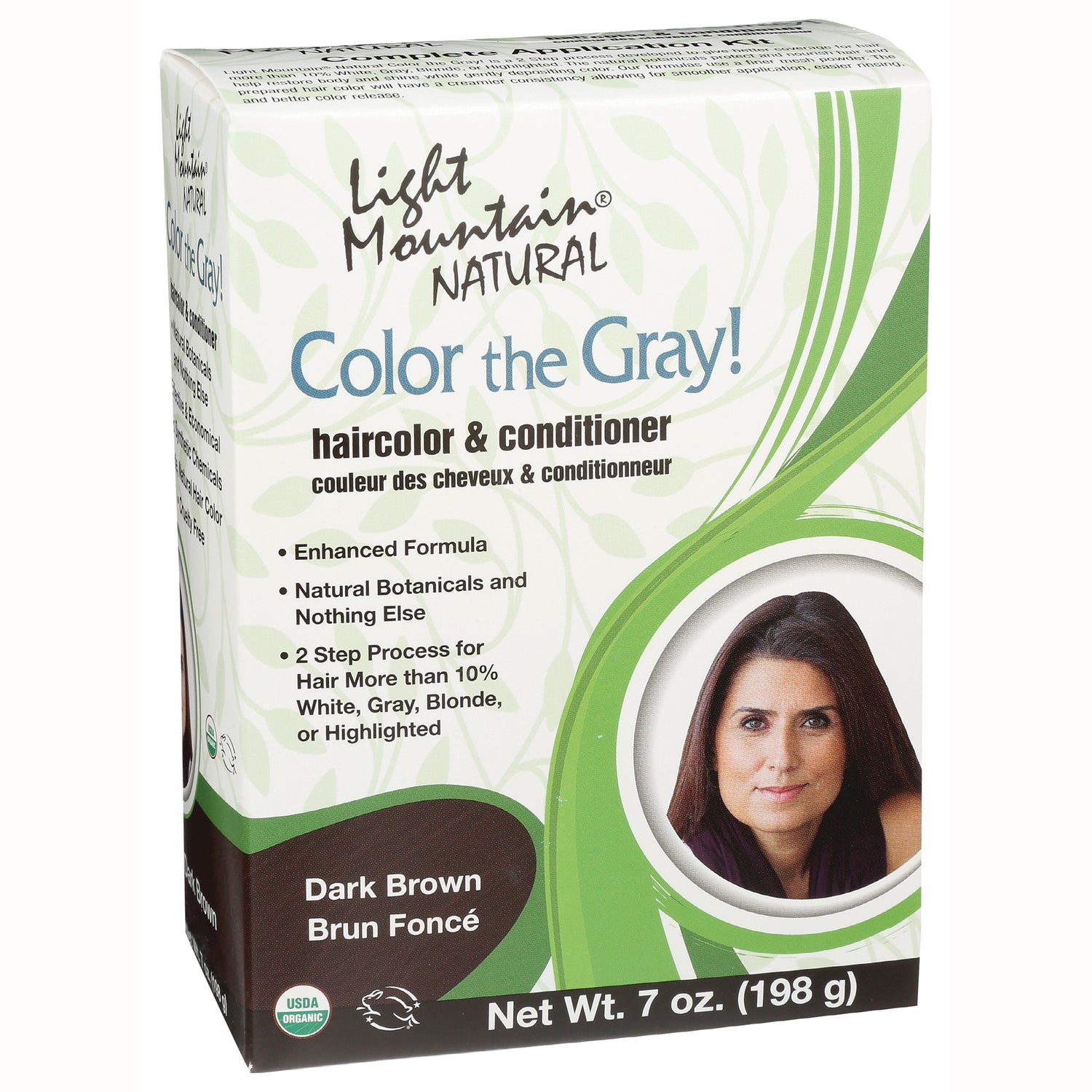 LTM006 | Light Mountain Natural Color the Gray haircolor & conditioner box, Dark Brown, front packaging with woman's portrait