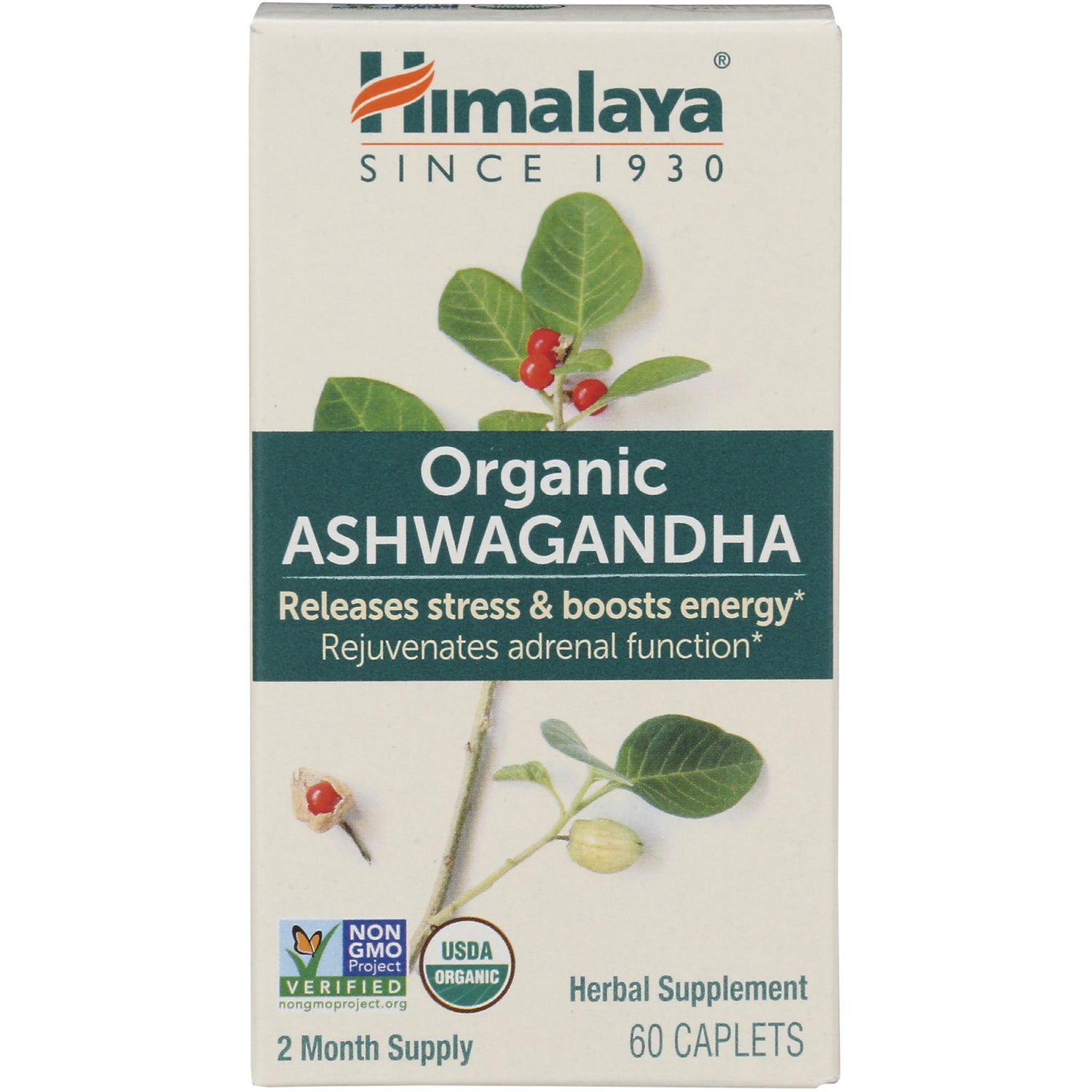 HHH003 | Himalaya Organic Ashwagandha herbal supplement front box showing brand name, organic badge and 60 caplets