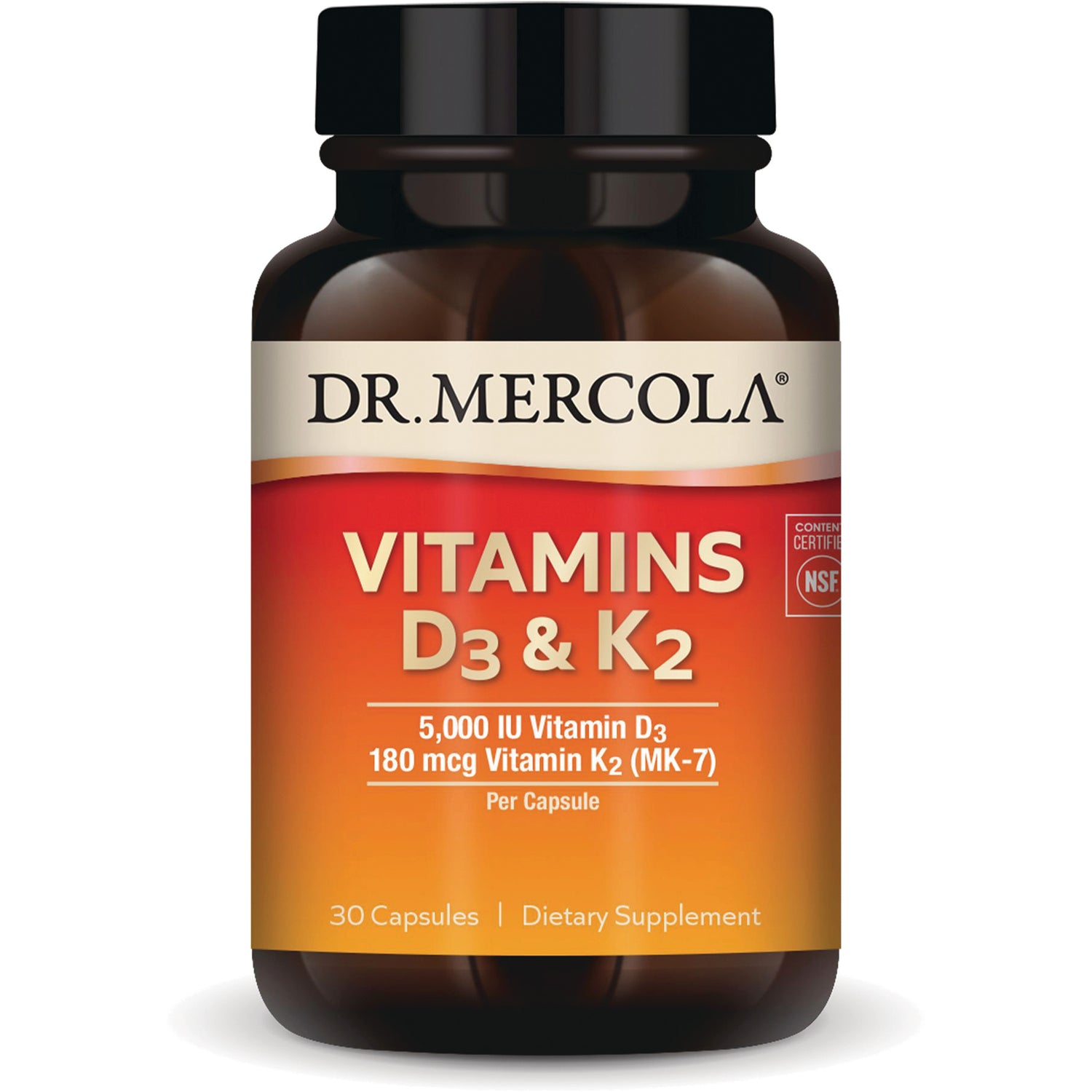 MRC085 | Dr. Mercola Vitamins D3 & K2 supplement bottle, 30 capsules, 5,000 IU D3 and 180 mcg K2 per capsule