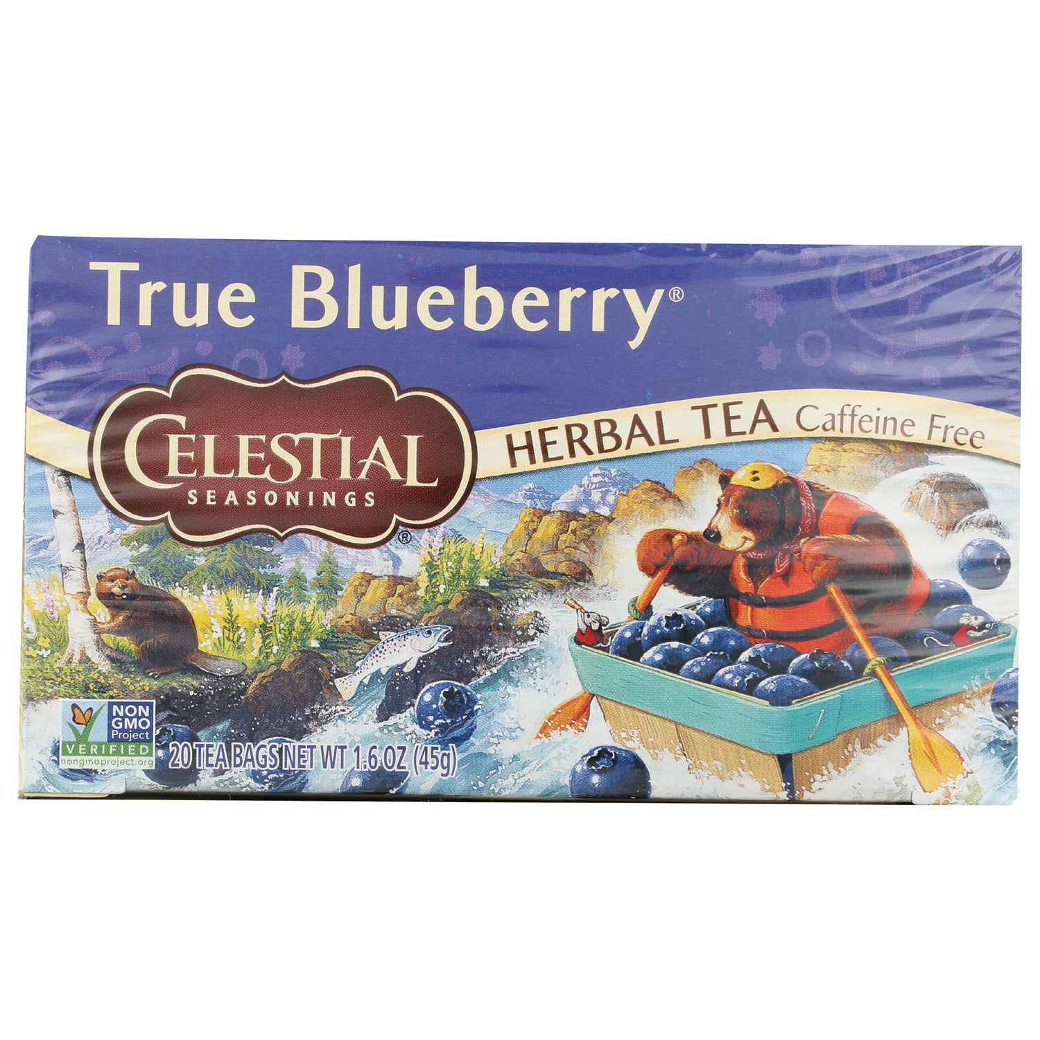 CEL003 | Celestial Seasonings True Blueberry herbal tea box with bear rowing a boat of blueberries, 20 tea bags caffeine free