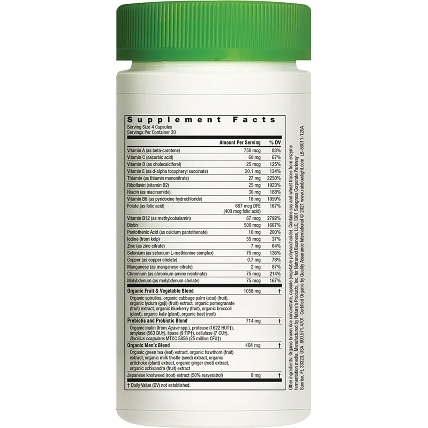 RBL048 | Back of white supplement bottle showing Supplement Facts panel and green screw cap
