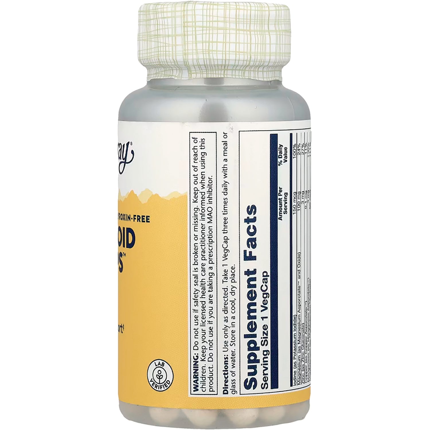 SLR275 | Back label showing Supplement Facts panel and directions on white and yellow supplement bottle