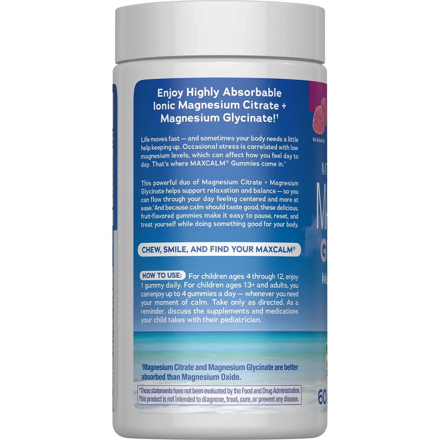 NVT063 | Back of white supplement bottle showing supplement facts panel, barcode, and directions on blue label