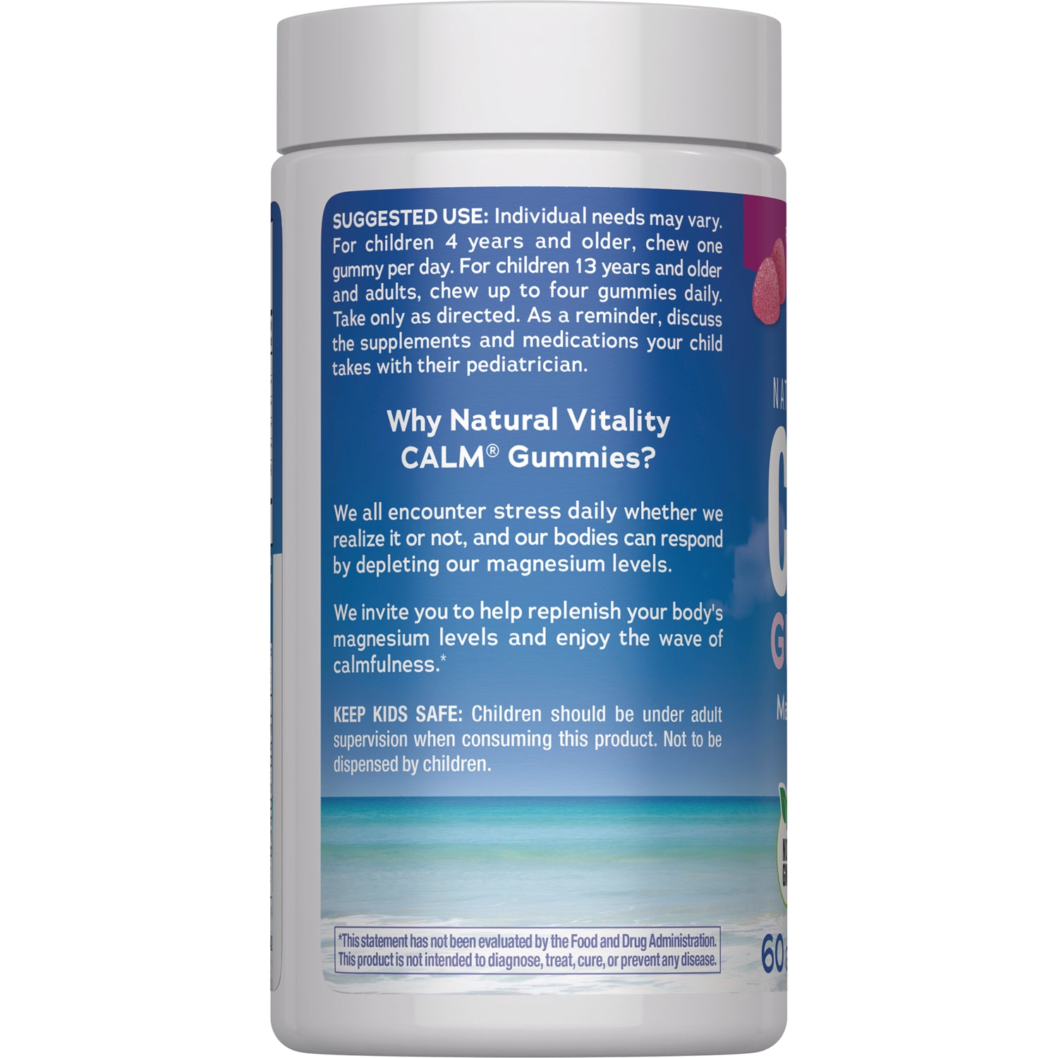 NVT063 | Back of white supplement bottle showing supplement facts panel, barcode, and directions on blue label