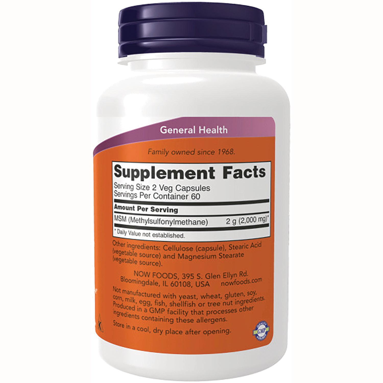 NWF063 | Back label showing Supplement Facts, MSM 2 g per serving and ingredients on white supplement bottle