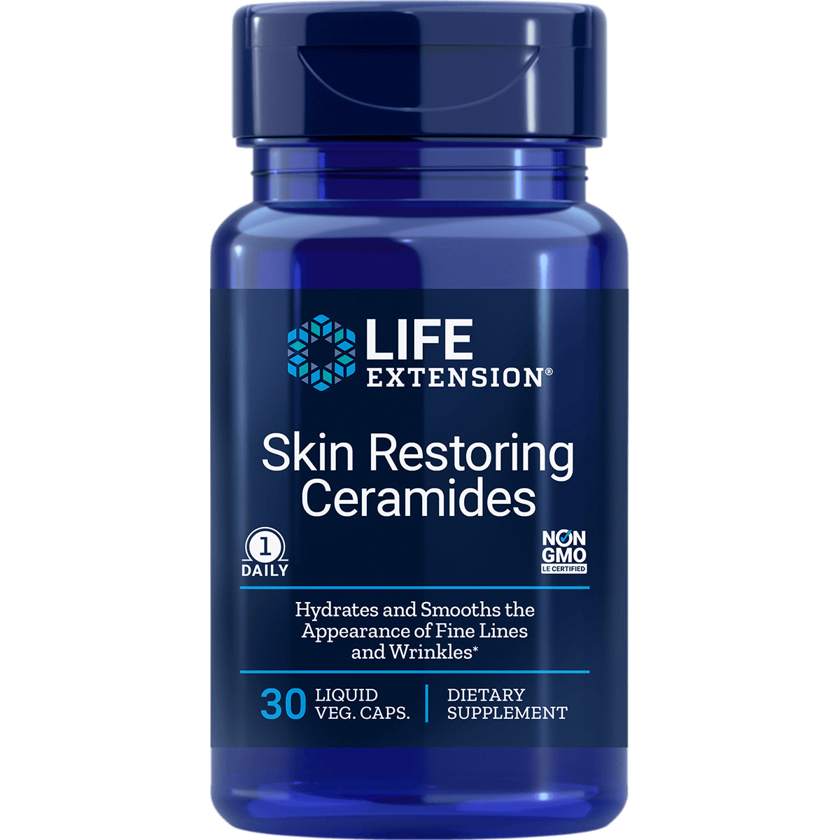 LE553 | Life Extension Skin Restoring Ceramides blue supplement bottle front label 30 liquid veg caps Non-GMO