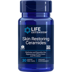 LE553 | Life Extension Skin Restoring Ceramides blue supplement bottle front label 30 liquid veg caps Non-GMO