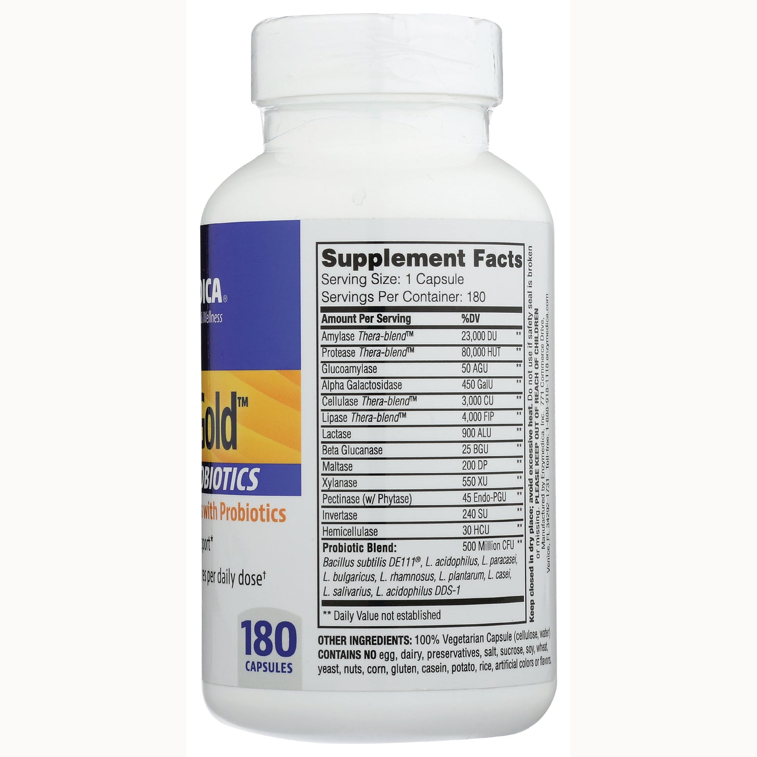 EMD050 | Back of white supplement bottle showing Supplement Facts label with detailed nutrient table and 180 capsules