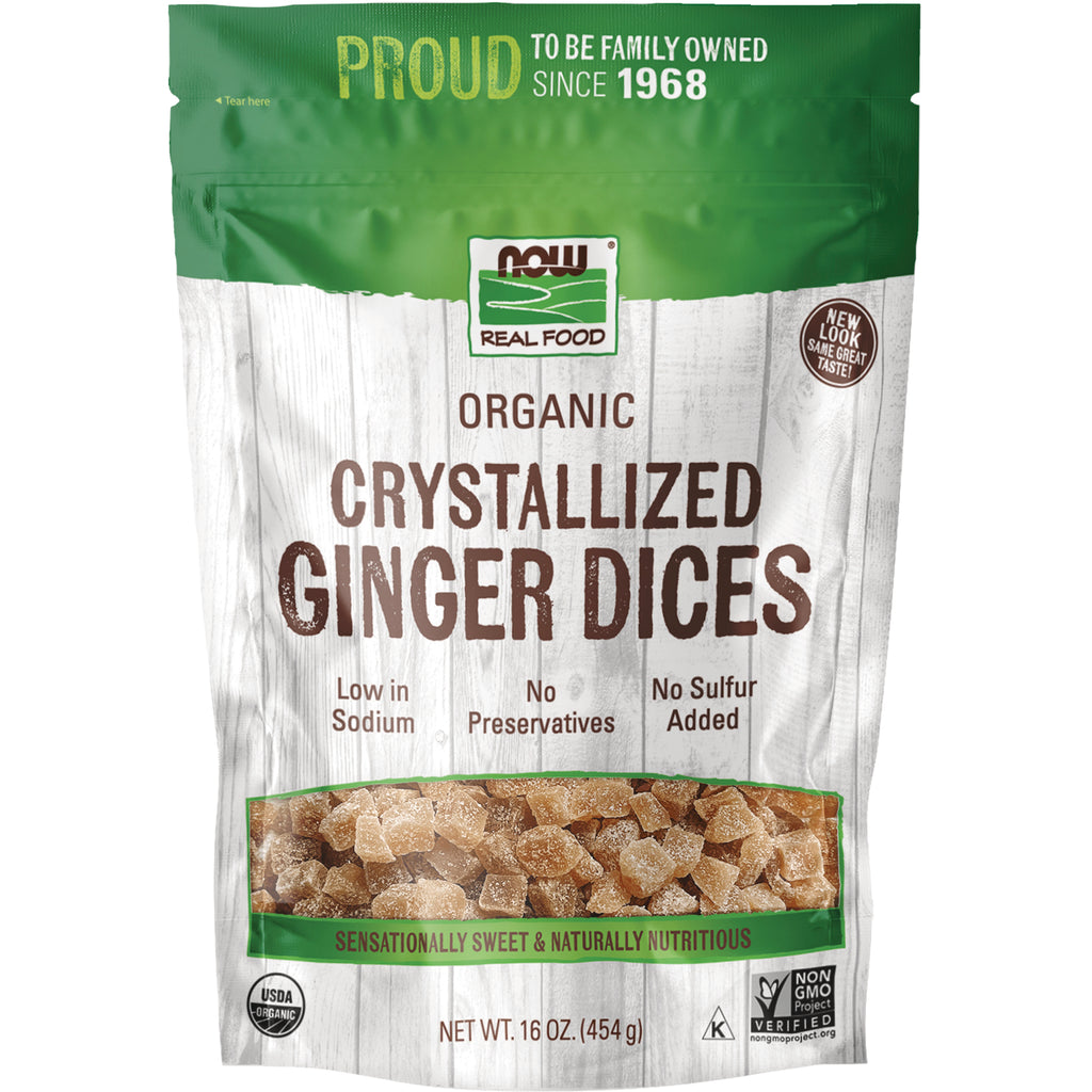 NWF929 | NOW Real Food organic crystallized ginger dices front packaging 16 oz bag - Thumbnail