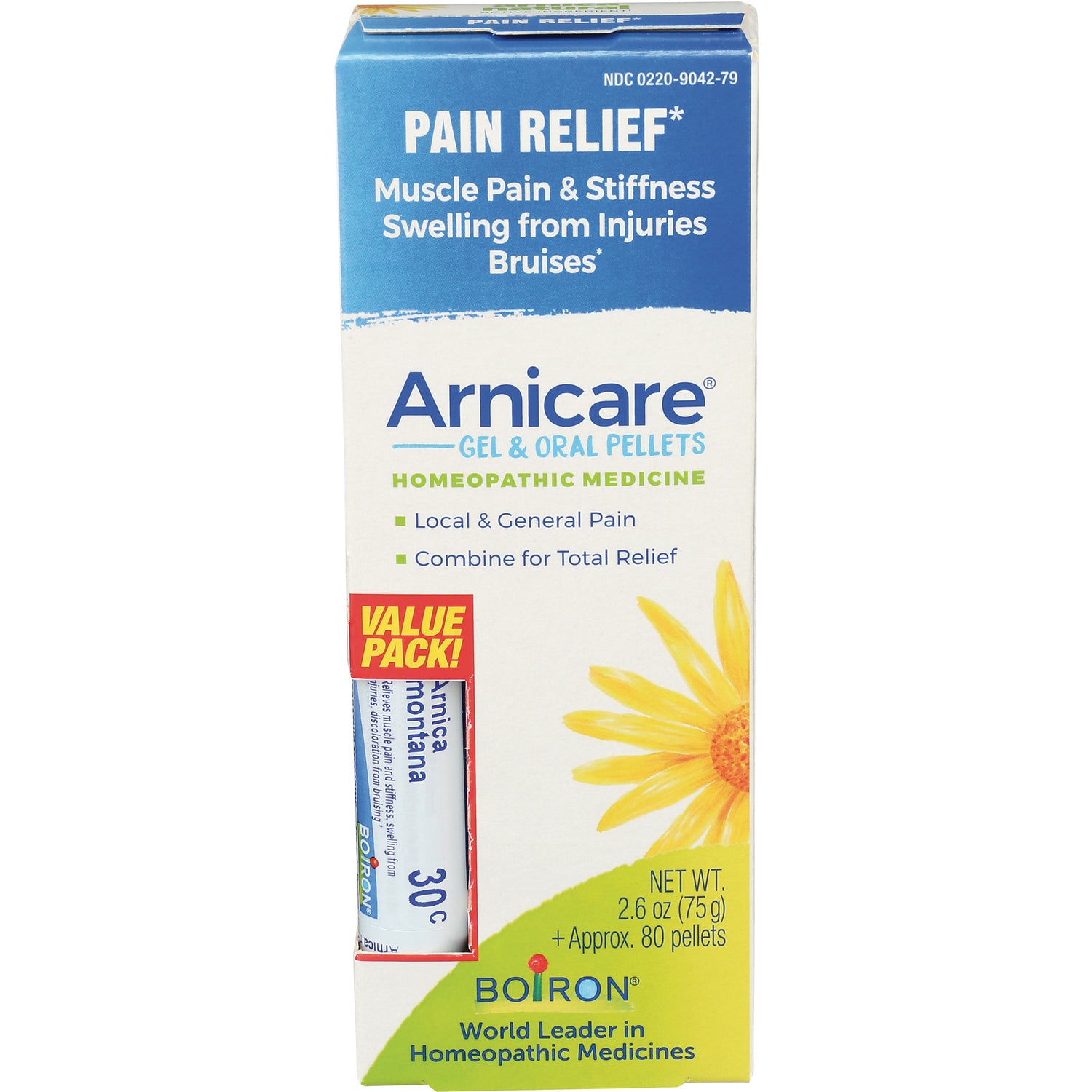 BRN006 | Arnicare gel and oral pellets box labeled Pain Relief value pack showing Boiron branding and sunflower artwork