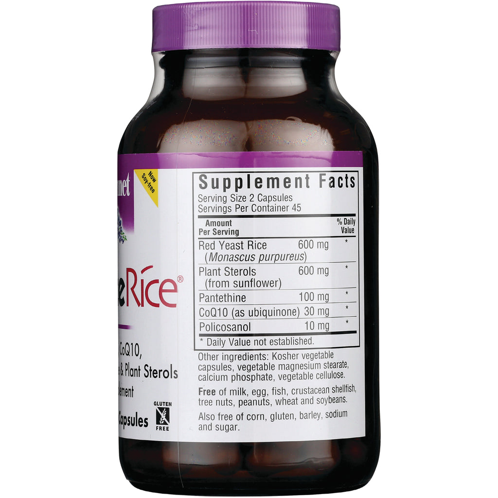 BLU070 | Back of brown supplement bottle showing Supplement Facts label with Red Yeast Rice 600 mg and other ingredients - Thumbnail