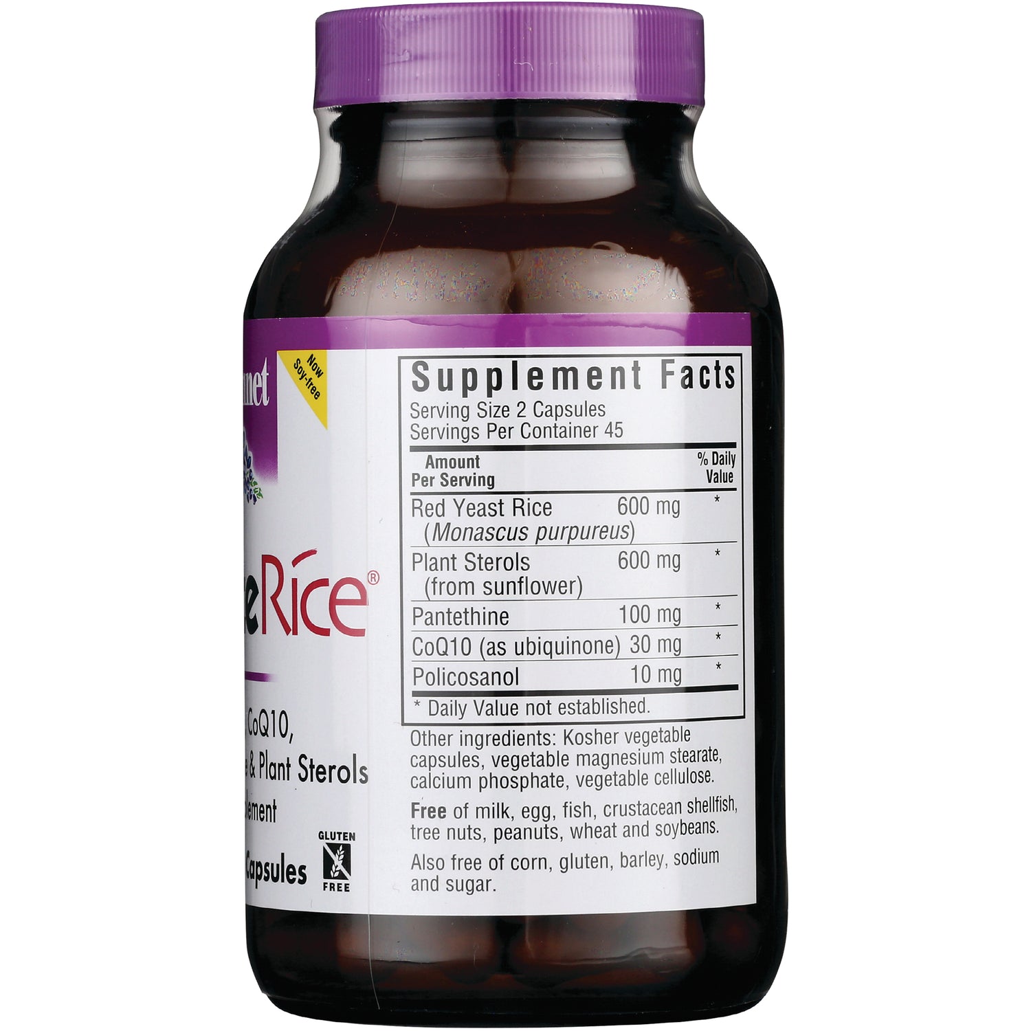 BLU070 | Back of brown supplement bottle showing Supplement Facts label with Red Yeast Rice 600 mg and other ingredients