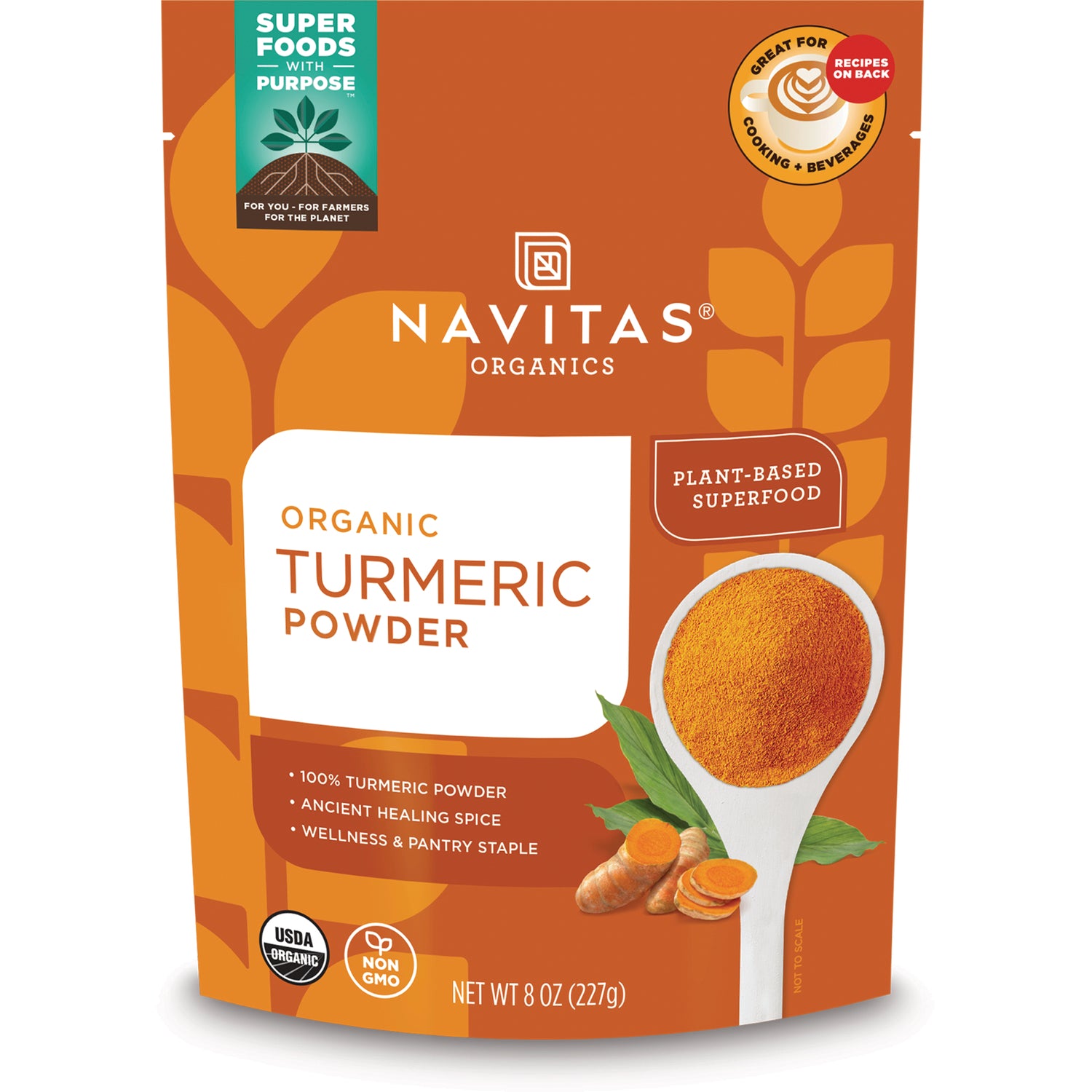 NAV063 | Navitas Organics organic turmeric powder pouch with spoon of turmeric and USDA Organic non-GMO labels