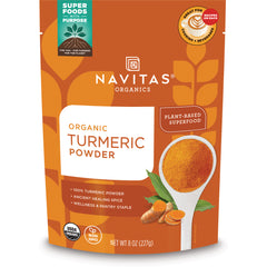 NAV063 | Navitas Organics organic turmeric powder pouch with spoon of turmeric and USDA Organic non-GMO labels